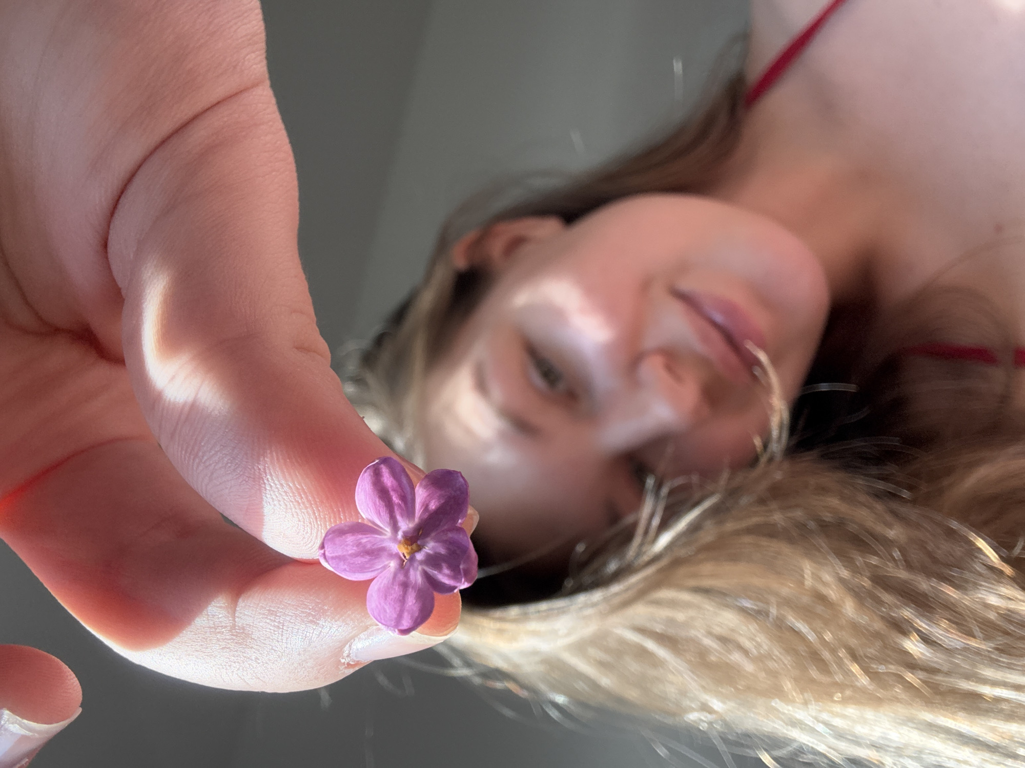 A young woman holds a small, five-petaled purple flower in her left hand. Her hand is positioned in the foreground, close to the camera. Her face is visible in the background, slightly out of focus. She has light brown hair and fair skin, wearing a red strap top. The environment is indistinct. The location in the city of Vozdovac Urban Municipality, Serbia cannot be confirmed based on the image.