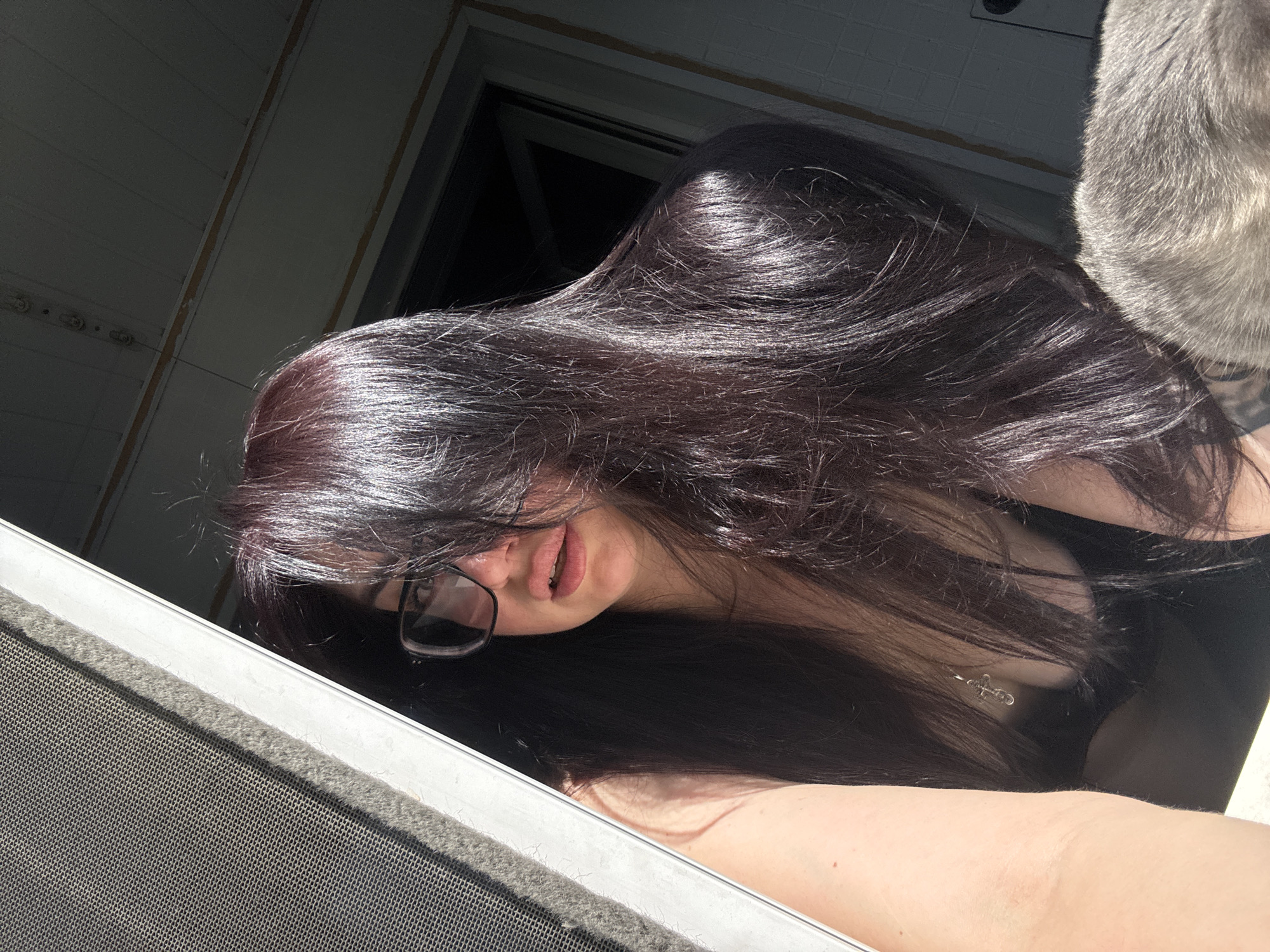 An overhead shot shows a woman with long, dark hair and glasses looking towards the camera. Sunlight illuminates her face and hair, casting shadows. Her mouth is slightly open, and she appears to be wearing a necklace with a cross pendant. To the right, a grey cat's back is visible. The woman is positioned near an open window with a screen. The background suggests an indoor setting with a slatted ceiling and a tiled wall.