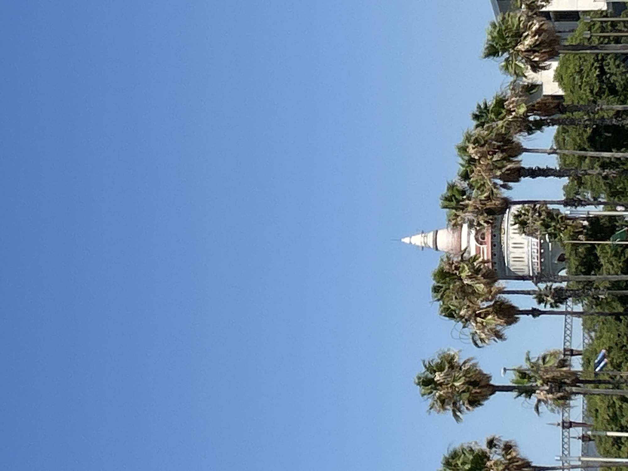 The image displays a clear blue sky above a cityscape. In the foreground, several palm trees are visible, some of which appear to be older and have dried fronds. Behind the palm trees, a domed building with architectural detailing, including arched windows and decorative elements, is prominent. This structure has a white base with pink and white accents. Further in the background, glimpses of other buildings and green foliage can be seen. The overall impression is of a bright, sunny day in a coastal or southern city. The building's style and the presence of palm trees strongly suggest a location in Barcelona, Spain, likely near the waterfront or a park area. There are no people visible in the image.