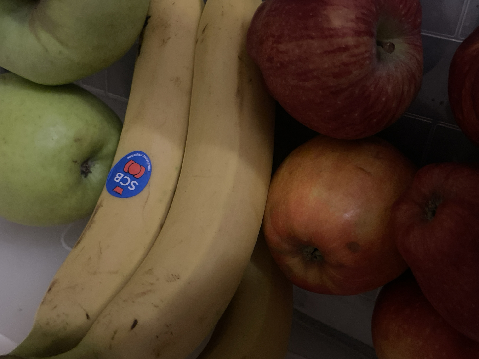 The image shows a close-up of fruit, including bananas, green apples, and red apples. The fruit appears to be inside a refrigerator, with a plastic grate visible in the lower right quadrant. A blue and red sticker with the text "SCB" and "COMPAGNIE FRUITIERE" is adhered to one of the bananas. The lighting suggests an indoor setting, likely a kitchen or food storage area. There are no people or animals visible in the image. The location of this image in the city of Minsk, Belarus cannot be determined from the visual information provided.