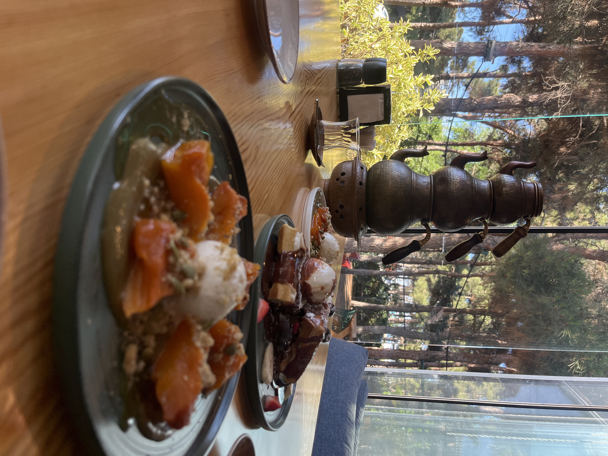The image captures an indoor dining setting, likely a cafe or restaurant, with a focus on two dessert plates on a wooden table, overlooking a scenic outdoor view. The perspective is from slightly above the table, looking towards a large window.
On the left, a dark grey/green plate holds a dessert featuring what appears to be poached or stewed orange-colored fruit (possibly apricots or persimmons), a scoop of white ice cream, and a topping of crushed nuts or granola. To its right, a second plate contains chocolate-covered fruit, possibly banana pieces, garnished with sliced strawberries and another scoop of ice cream.
Between the plates and the window, various items are arranged on the wooden table. These include a clear, textured drinking glass, a white napkin holder, a set of black-topped salt and pepper shakers, and a prominent, ornate copper or brass-colored pot or urn with dark handles, suggesting it might be a traditional tea or coffee server. An empty plate is also visible in the background on the table.
Beyond the table, a large window reveals a bright, sunlit outdoor scene. Numerous tall, slender pine or conifer trees dominate the view, indicating a natural, possibly forested environment. Patches of clear blue sky are visible between the tree trunks. Closer to the window, some lighter green, leafy foliage or bushes can be seen. The bright lighting suggests it is daytime with clear weather. No people are visible in the frame. There is no visible text. The location context for this scene is Kaspiysk, Russia.