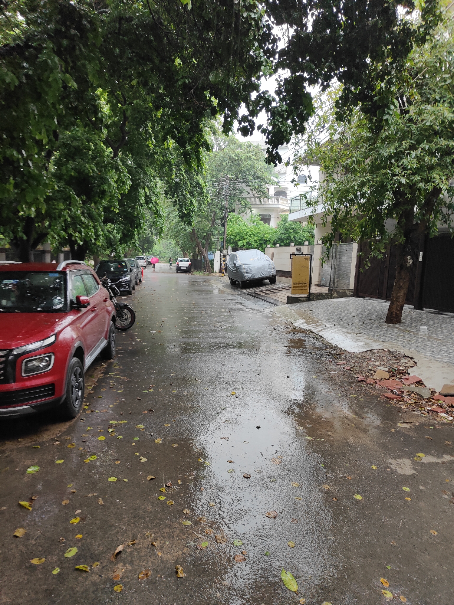 The image depicts a street in Gurgaon, India, after a rainfall. The wet asphalt road reflects the overcast sky and is littered with fallen leaves. On the left side of the road, a red car is parked. Further down the street, several other cars are visible, including a black car, a silver car, and a white car. A person holding a pink umbrella is walking in the distance. On the right side of the road, a gray car is covered with a tarp. A tree stands near the sidewalk, and a brown gate is visible behind it. The surrounding buildings suggest a residential area. The overall scene is one of a quiet street in Gurgaon, India, during or after a period of rain.