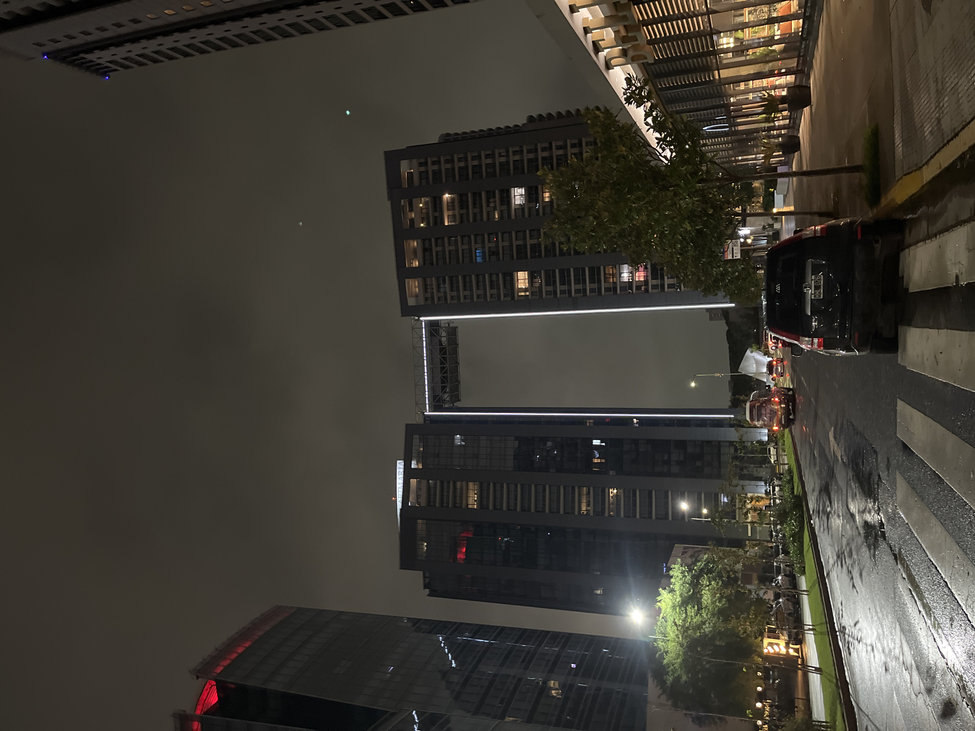 The image depicts a street scene in Buenos Aires, Argentina, at night. The photograph is oriented vertically. The foreground features a wet asphalt road with white pedestrian crossing stripes. A black SUV is parked on the right side of the road. A sidewalk is visible to the right of the road, lined with greenery and buildings. In the background are several tall buildings, some illuminated with lights. The sky is overcast and dark.
