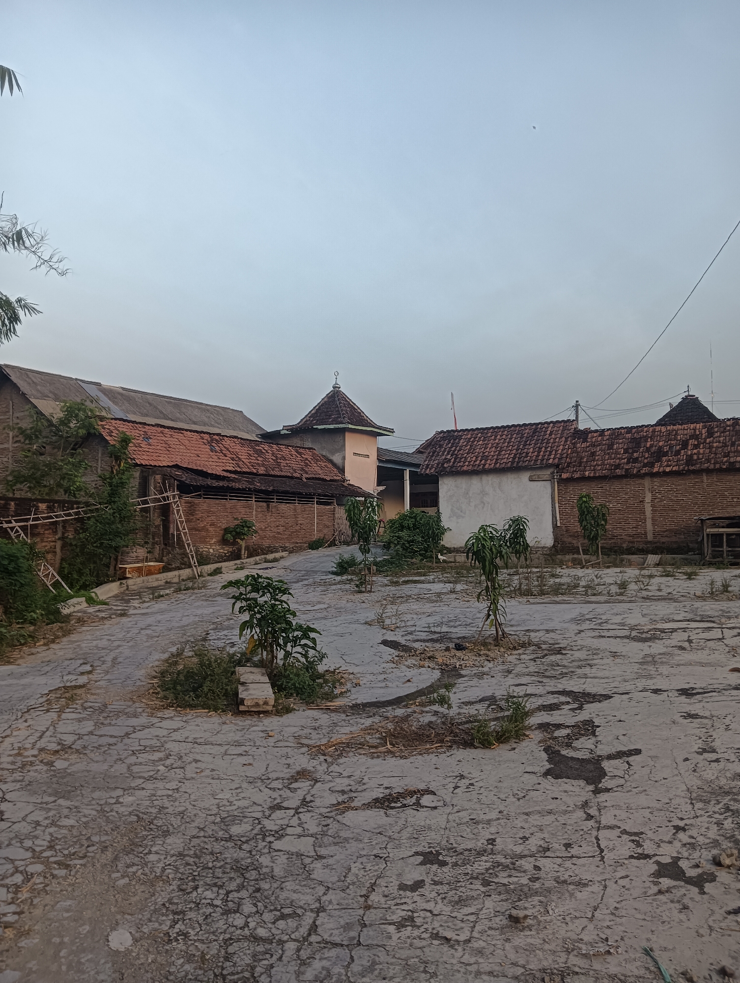 The image shows a rural scene in Tanggan, Indonesia, at what appears to be dawn or dusk. In the foreground, a cracked concrete surface leads to a winding paved path. Several small trees are sparsely planted in the concrete area, with some overgrown vegetation around them.
In the middle ground, a collection of traditional Indonesian houses and structures are visible. One building on the left has a grey corrugated metal roof and brick walls. Adjacent to it is a structure with a red tile roof and exposed brickwork, featuring a ladder leaning against it. Further to the right, another house has a white facade and a red tile roof. A prominent structure with a pinkish-toned tower topped by a dome and a crescent moon symbol is located centrally, suggesting it might be a mosque or religious building.
The background features more rooftops and the overcast sky, with a small, distant object that could be a kite or a drone. The overall impression is of a quiet, rural village setting.