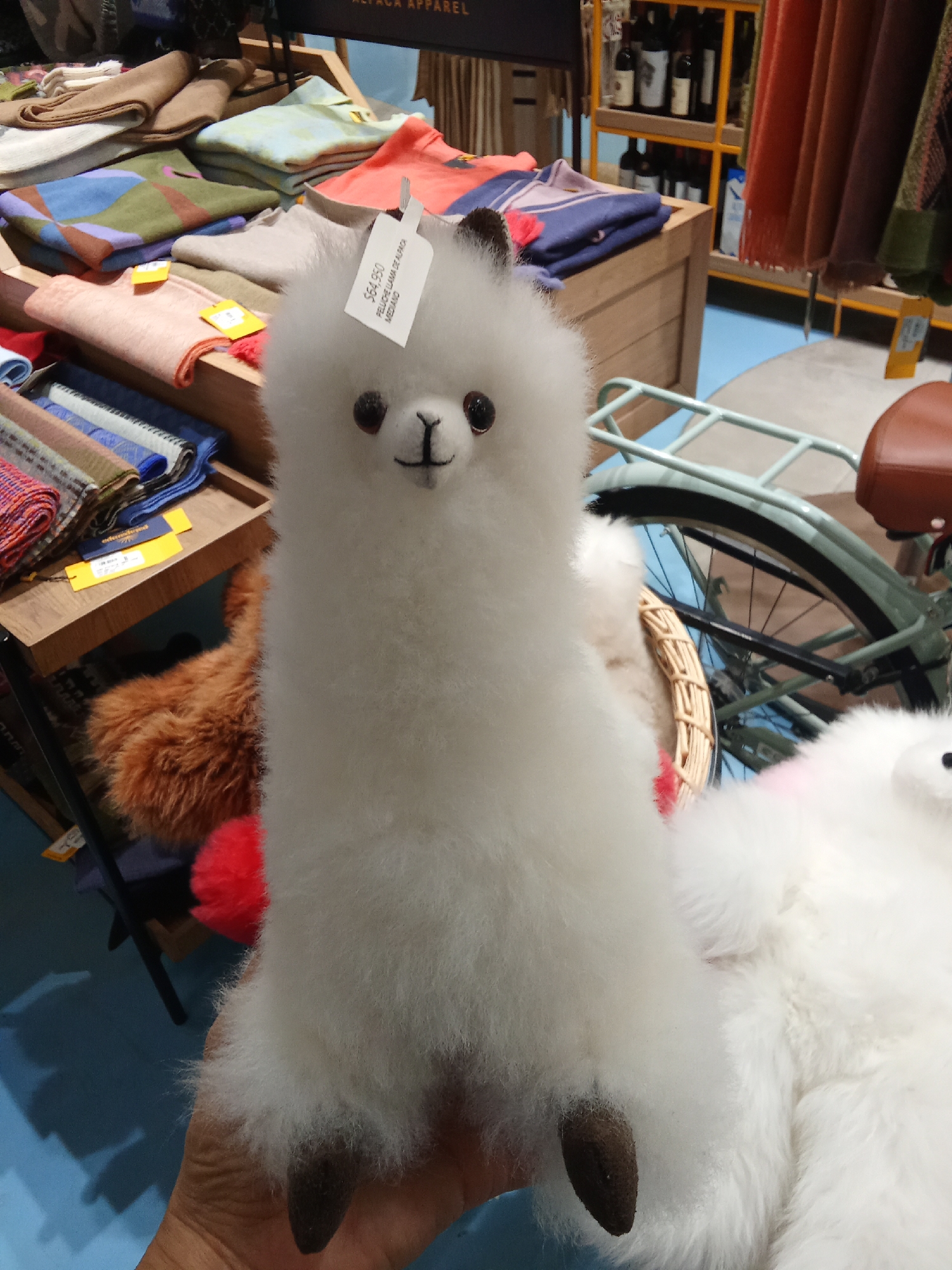 The image displays a close-up view of a white stuffed alpaca, held by a person's hand. The alpaca is the central focus, with its fluffy white body and dark brown feet visible. A tag hangs from its head, with text that appears to be in Spanish, including "$54,950" and "PELUCHE LLAMA DE ALPACO MEDIANO". In the background, there are shelves stocked with folded textiles, likely apparel, in various colors and patterns. A bicycle with a brown seat and a light green frame is partially visible, with its wheel turned towards the right side of the image. The setting appears to be a retail store, possibly an apparel shop. The overall environment is indoors, with blue flooring and shelves constructed from wood and metal. There are no specific architectural features or signage that would place this scene within Pudahuel, Chile.