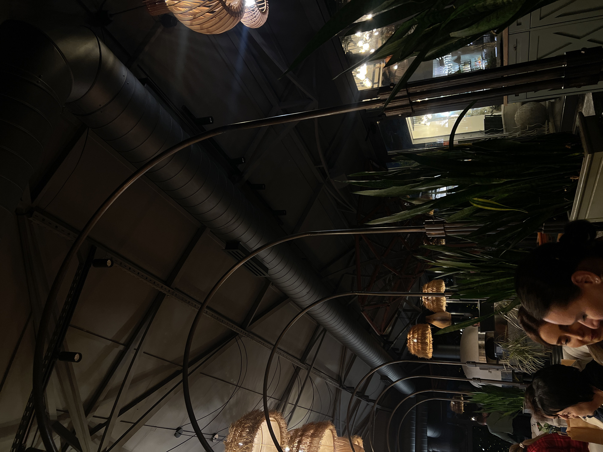 Captured indoors, the image showcases an establishment featuring high ceilings with exposed ductwork and supporting metal beams. Decorative light fixtures hang intermittently from the ceiling, adding a warm glow to the space. Foreground elements include vibrant green plants and patrons seated at a table, partially visible in the right-hand corner. Their presence suggests a social gathering or meal. The perspective is angled upwards, emphasizing the height and industrial aesthetic of the interior. The location is presumably Yerevan, Armenia.