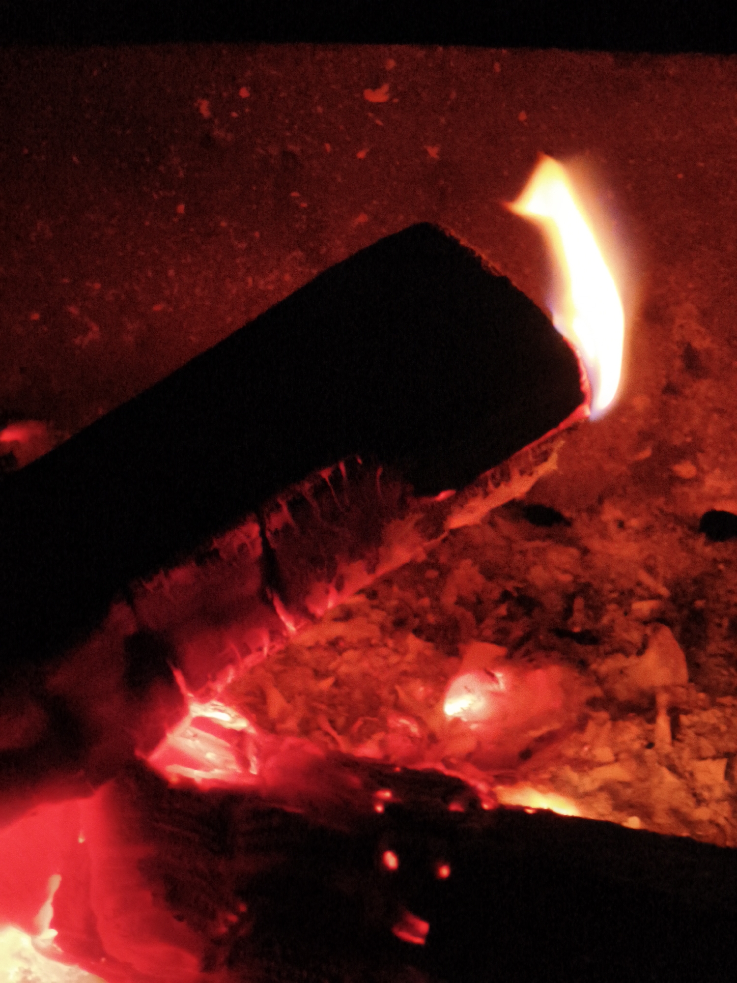 This media file shows a close-up view of a fire. The main subject is a log, partially silhouetted against the intense glow of burning embers and flames. The log appears dark and substantial, with its textured surface subtly visible.
The activity taking place is the burning of wood. Intense red and orange hues dominate the scene, emanating from the glowing coals and the bright, yellow-white flame that licks upwards from the top right of the log. The background is a textured, reddish surface, likely the interior of a fireplace or fire pit, with scattered darker specks.
Notable details include the vibrant and dynamic nature of the fire. The light is dramatic, casting deep shadows and highlighting the incandescent nature of the burning wood. The image evokes a sense of warmth and the primal energy of fire. There is no visible text. The location context is Chaikovsky, Russia, suggesting this could be a typical scene in a Russian home or outdoor setting during colder months. The time of day and weather are not explicitly indicated, but the indoor lighting suggests it could be evening or night, possibly to ward off the cold.