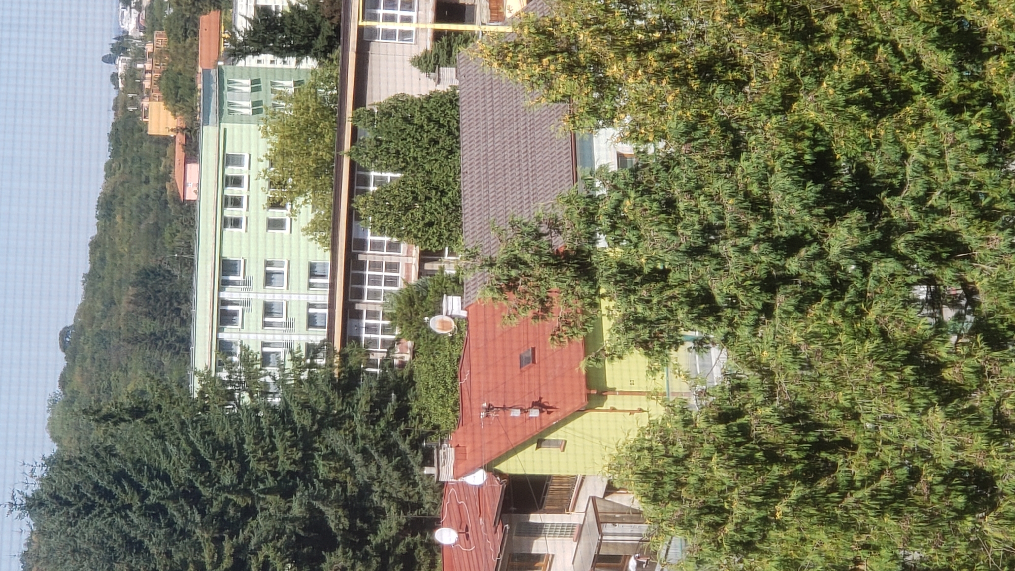 This image, taken from a high vantage point in Prešov, Slovakia, offers a panoramic view of an urban landscape characterized by a mix of residential buildings and lush greenery. In the foreground, a dense cluster of evergreen trees obscures a significant portion of the scene, their branches laden with needles and some bearing small, dark berries. Beyond the trees, the rooftops of several houses are visible. One house, painted a pale yellow, features a distinctive red tile roof, complete with a skylight and multiple antennae. Adjacent to it, another house also has a red tile roof, adorned with satellite dishes and chimneys.
Further into the background, a larger, multi-story building stands out. This light green structure, with its numerous white-framed windows, appears to be a residential complex or an institutional building. It is bordered by other buildings of varying architectural styles and colors, including a pink building and a more distant orange structure. The backdrop is a gently sloping hillside covered in dense foliage, suggesting a park or natural reserve within the city. The sky above is a pale, overcast blue. The scene conveys a sense of suburban tranquility, with the urban infrastructure seamlessly integrated into a verdant environment.
