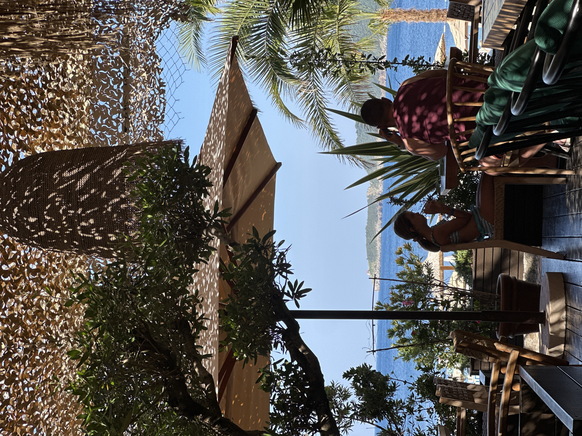 The image depicts a scenic view of the sea from a shaded outdoor seating area, likely a restaurant or cafe, in Boreti, Montenegro. Two individuals, a young girl and an adult male, are seated at a table, facing away from the camera. The girl, wearing a striped swimsuit, is looking down. The man, in a maroon tank top, is holding a phone to his ear.
Surrounding the seating area are various plants, including a leafy tree on the left and palm trees on the right, casting dappled shadows from an overhead awning and a patterned canopy. Wooden chairs and tables are visible, with some chairs upholstered in green fabric. The sea stretches out to the horizon, meeting a clear blue sky. In the distance, a hilly island with a small structure on it is visible. Beach umbrellas are scattered along a sandy shore in the middle ground. The overall atmosphere suggests a relaxed, seaside dining experience.