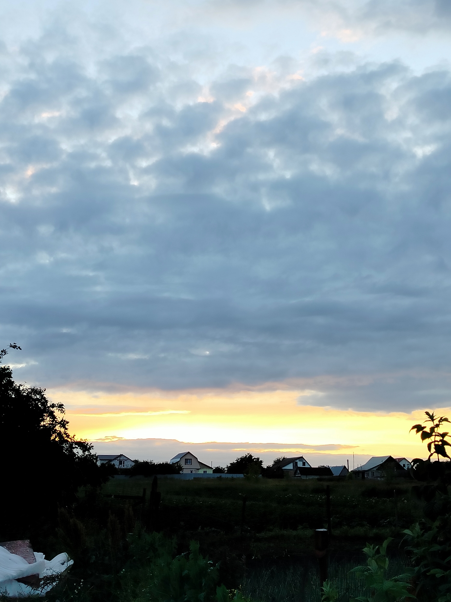 This is a vertical, medium-shot photograph of a rural landscape in Vazerki, Russia, at dusk. The sky is filled with a dramatic array of clouds, ranging from dark gray to lighter, almost white hues, with streaks of warm yellow and orange light peeking through near the horizon. This suggests a sunset or the twilight hours.
In the middle ground, silhouetted against the bright sky, are several houses, typical of a village setting. The architecture appears simple, with pitched roofs and what look like residential buildings. The foreground is dark and lush with vegetation, including trees, bushes, and tall grasses. The darkness of the foreground contrasts with the brightly lit sky and horizon, creating a sense of depth and atmosphere.
On the far left, a dark mass of leaves from a tree dominates the edge of the frame, further emphasizing the low light conditions. On the right side, a few leaves from a small branch are visible, also silhouetted against the sky. A small pile of white material, possibly plastic sheeting or insulation, is visible in the lower left corner, hinting at ongoing construction or agricultural activity. No people are visible in the frame, and there is no visible text. The overall mood of the image is serene, with a touch of the dramatic beauty of nature at the end of the day.