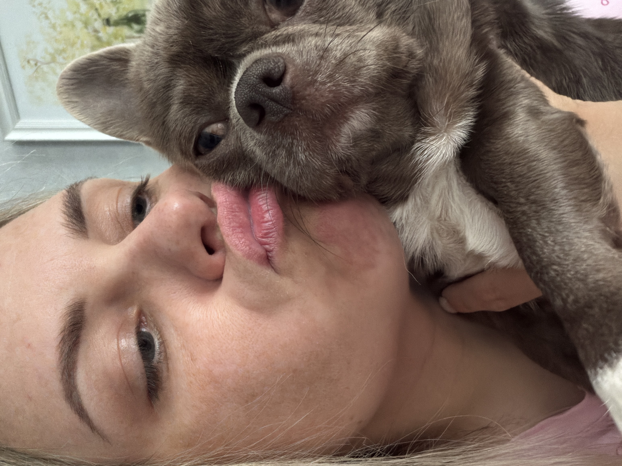 A woman lies on her back, with a small gray and white dog resting on her face and upper chest. The dog's nose is pressed against the woman's lips. The woman's face is turned towards the viewer, her eyes open. The background is out of focus, but appears to be an interior space. There is no visible indication of the location being Votkinsk, Russia.