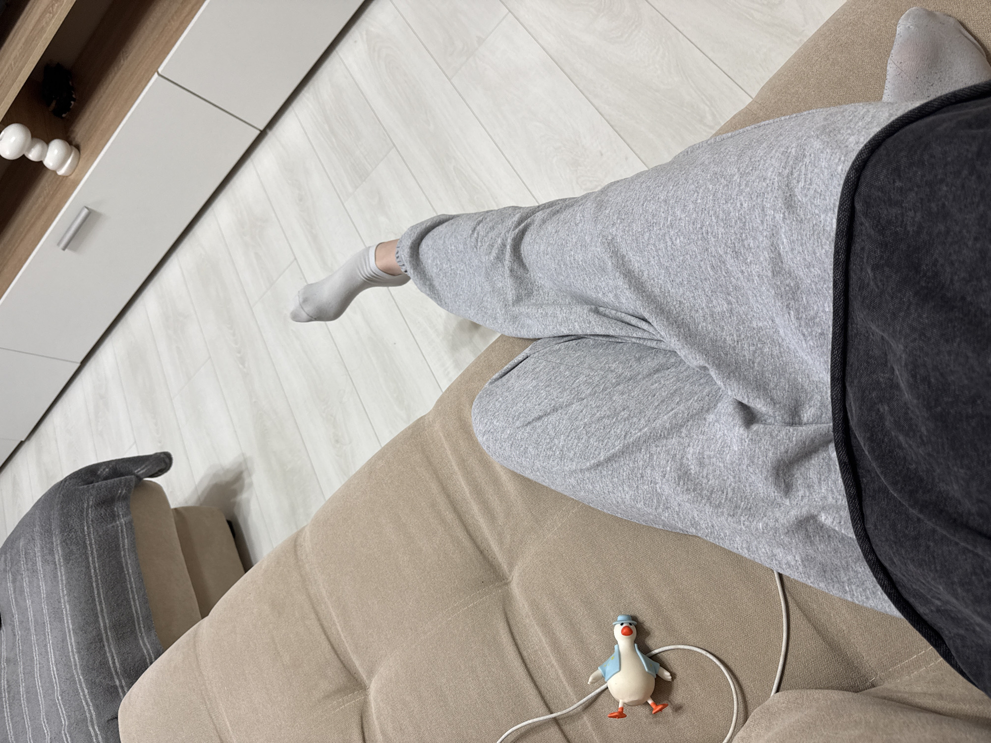 The image presents a person seated on a light brown sofa. The person is wearing gray sweatpants and a gray sock on the extended leg. A dark-colored garment, possibly pants or a blanket, is draped over the person's lap. Adjacent to the person on the sofa is a small penguin figurine with a white cord extending from it. Part of a gray striped pillow or cushion is visible on the left edge of the frame. In the background, a white-and-brown cabinet is situated near a light-colored wooden floor. The location is within a room, the city and exact environment unknown.
