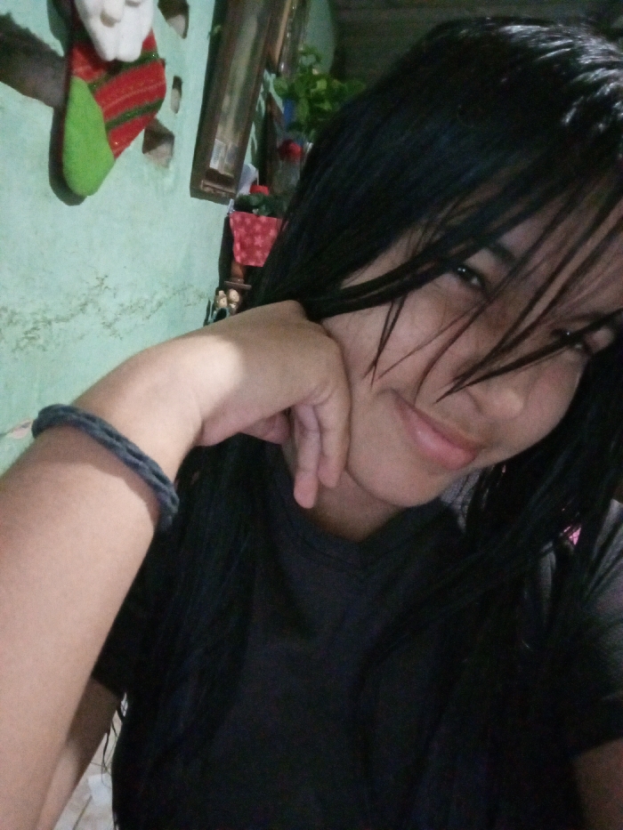 A young woman with dark, wet hair covering part of her face rests her chin on her hand. She wears a dark t-shirt and a dark-colored bracelet is visible on her wrist. A smile is visible on her face as she appears to be looking at the camera. In the background, there is a light green wall, some decorations including what seems to be a Christmas stocking, a picture frame and a plant.