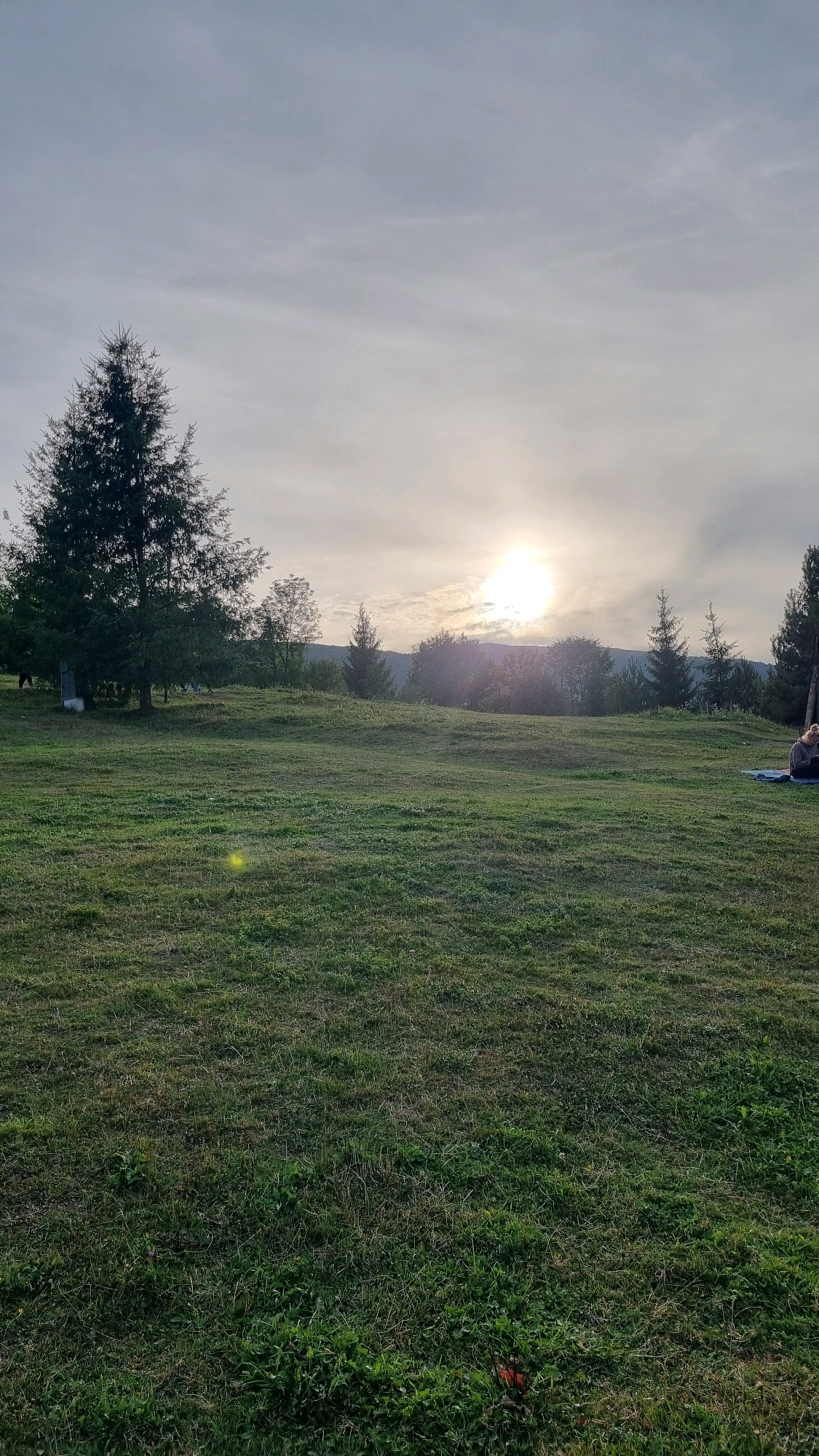 The image shows a wide, grassy field with rolling hills in the background. A large evergreen tree stands to the left of the frame, and other trees and bushes are scattered across the landscape. The sun is visible in the sky, partially obscured by clouds, casting a soft light on the scene. In the far right of the image, a person is sitting on a mat, appearing to be reading or relaxing. The overall impression is one of a tranquil, natural setting. The location is in Izky, Ukraine, a village known for its natural beauty and rolling hills.