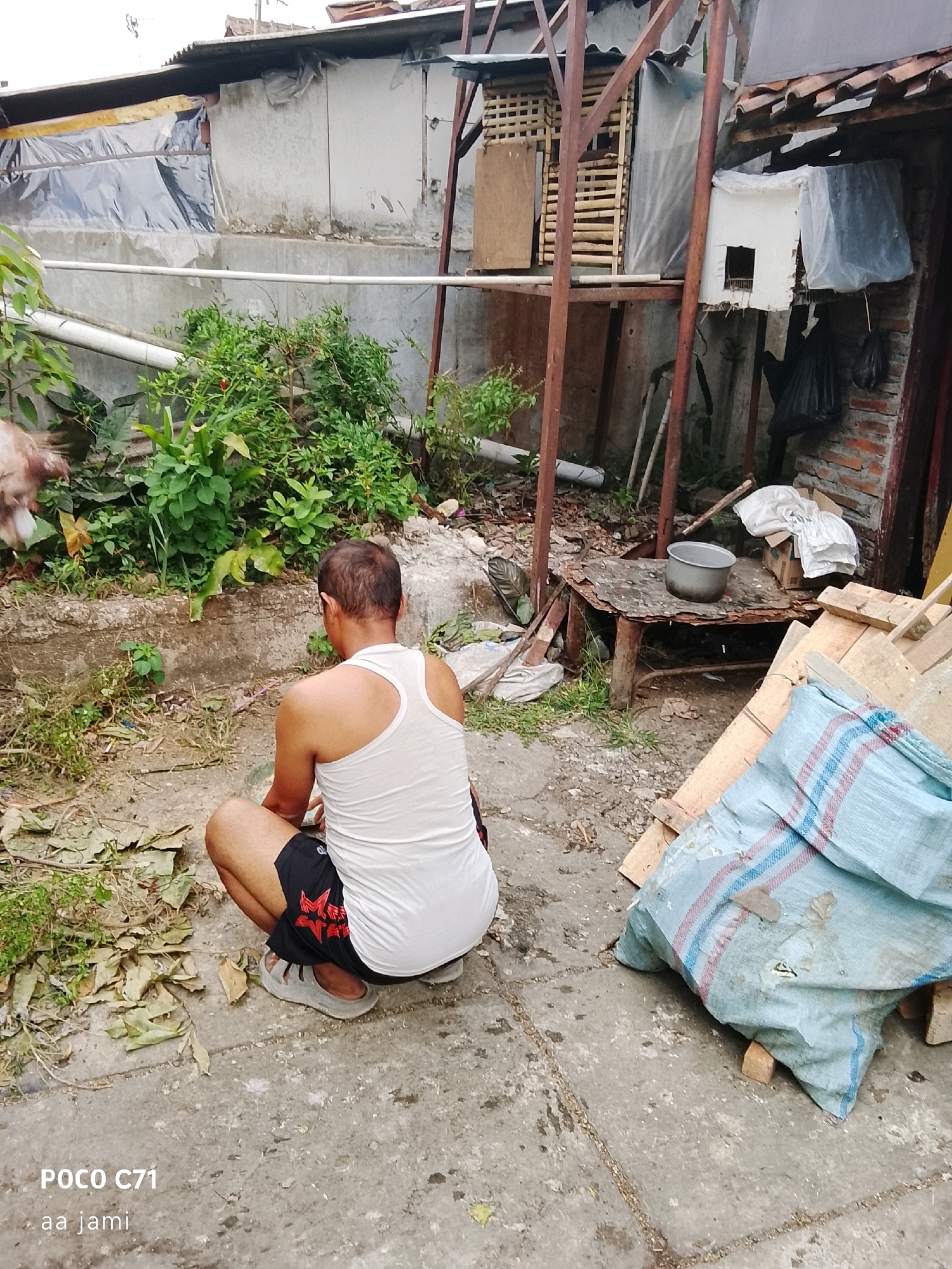 The image shows a man in a white tank top and black shorts with red designs, crouching on a concrete ground. He is in an outdoor area that appears to be a backyard or alley in Tasikmalaya, Indonesia. The environment is cluttered with various objects, including a light blue tarp with red and blue stripes, wooden planks, bricks, a metal table with a pot on it, and a pile of dried leaves. There are also plants and a building with a corrugated roof in the background. The man is facing away from the camera, and his focus is on something on the ground in front of him. The scene suggests a casual or working environment, possibly a residential or informal commercial area.