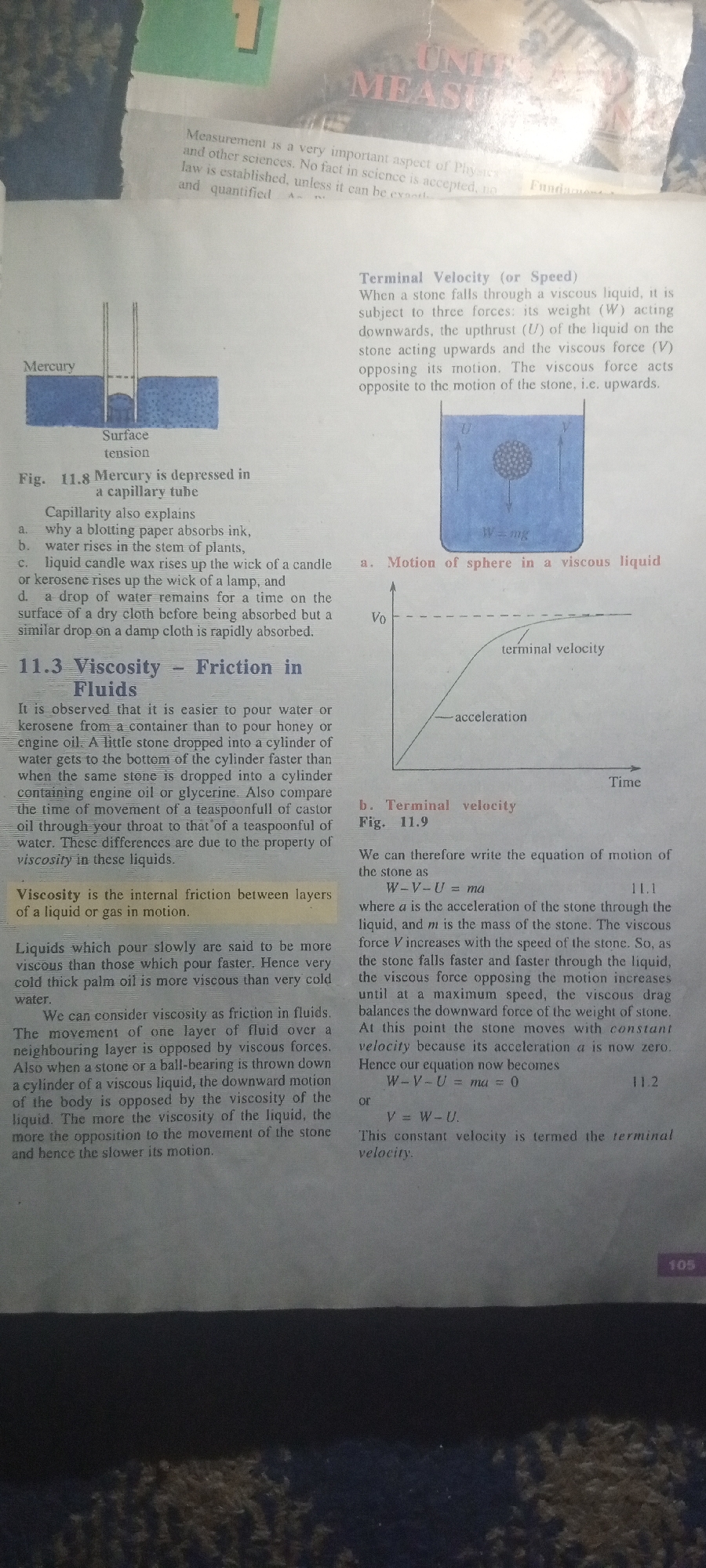 The image displays a page from a textbook discussing concepts related to viscosity and fluid dynamics. It features diagrams and text explaining phenomena like surface tension, terminal velocity, and the friction within fluids. There is no information within the image or its accompanying text that relates to the city of Jalingo, Nigeria, or any specific geographical location outside of the context of a science lesson.