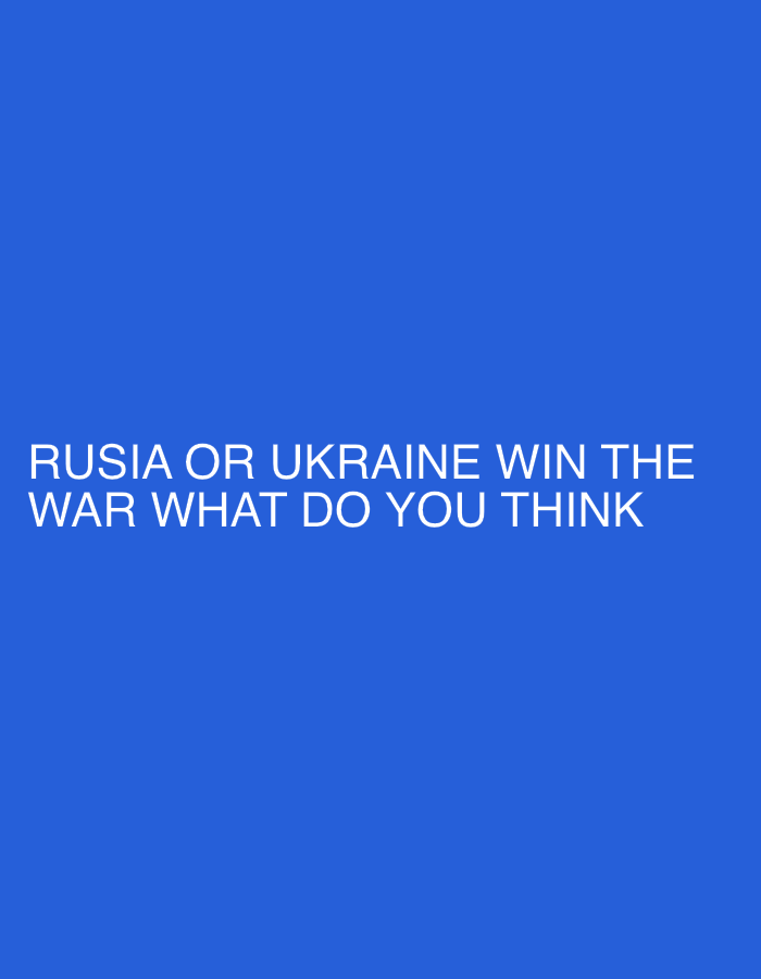 The image features white, sans-serif text against a solid, bright blue background. There are no discernible people, objects, or a specific scene depicted visually; the image is entirely text-based.
The activity suggested by the image is the prompting of a question or discussion. The visible text reads in all capital letters: "RUSIA OR UKRAINE WIN THE WAR WHAT DO YOU THINK". This directly asks the viewer for their opinion on the outcome of the conflict between Russia and Ukraine.
Notable details include the stark contrast between the white text and the blue background, making the message clear and easily readable. The spelling "Rusia" is used instead of "Russia". The phrasing is direct and informal, typical of online commentary or social media engagement. The uniform blue background provides no location cues, weather information, or indication of the time of day. The image functions as a textual prompt designed to elicit a response or engage in a discussion about the geopolitical event.