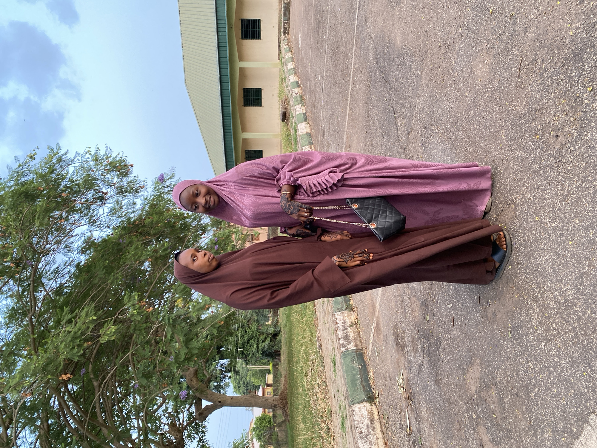 Two women in traditional Islamic dress stand side-by-side on a paved surface in Vom, Nigeria. One woman wears a pink hijab and dress, and carries a black quilted purse with a gold chain. The other wears a brown hijab and dress. Both women have henna designs on their hands. Behind them is a building with a green roof and dark windows, a tree with purple flowers, and a curb with a green and white pattern. The sky is visible in the upper left corner.