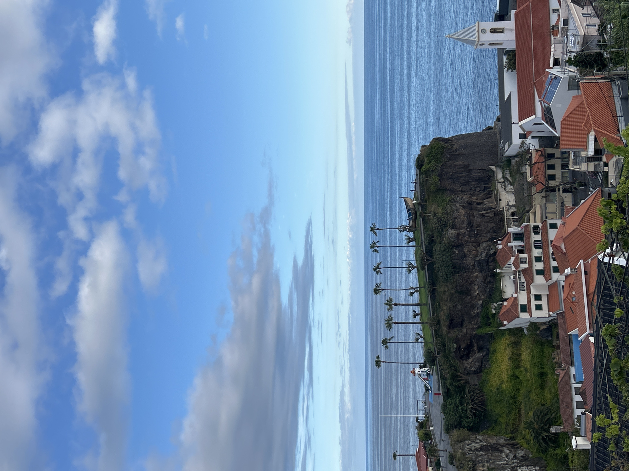 The image depicts a coastal view in Câmara de Lobos, Portugal. The scene shows a blue sky with scattered clouds above the Atlantic Ocean. A rocky cliffside runs vertically, with palm trees along its edge, followed by a road and a harbor. On the right of the cliff, houses with orange roofs are visible, interspersed with vegetation. A white church with a pointed tower stands prominently among the buildings.