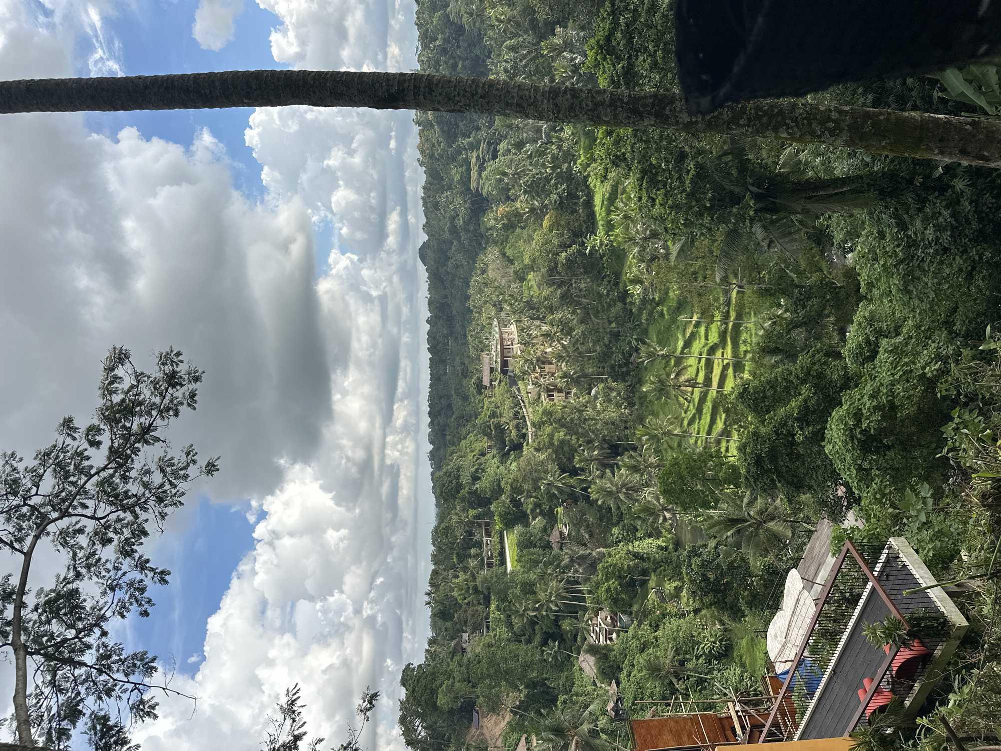 The image captures a high-angle view of the Ubud District, Indonesia landscape. In the foreground is a rooftop structure with a dark-colored roof, white accents, and a metal railing. From the rooftop, the view opens to a lush, green valley filled with dense tropical vegetation, including various trees and palms. In the valley, there is a tiered structure of rice paddies, reflecting shades of green. Scattered among the vegetation are buildings and dwellings. The sky above is filled with a mix of white and gray clouds, partially obscuring patches of blue sky. A tree trunk is partially visible in the upper center of the frame, and foliage is present on the left and right edges.