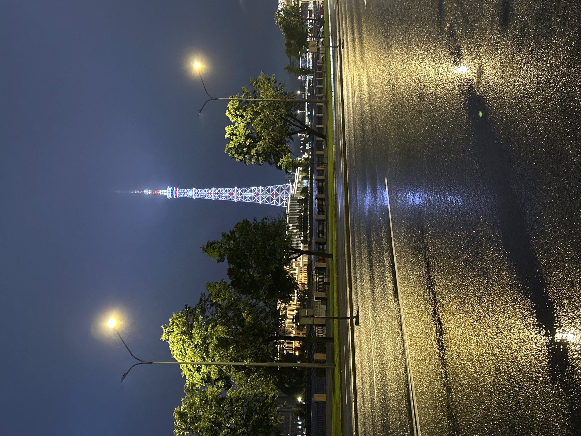 A nighttime view of a city street and waterfront is depicted. In the background, a tall, illuminated tower stands against a dark sky. Trees line the waterfront, and a building with lit windows is visible behind them. The street in the foreground is wet, reflecting the lights of street lamps and the tower. Two street lamps are present, one in the middle ground and another further to the right. A single signpost stands on the side of the road. The road itself is asphalt with white lane markings. The overall atmosphere is dark and wet, suggesting it may have recently rained.
