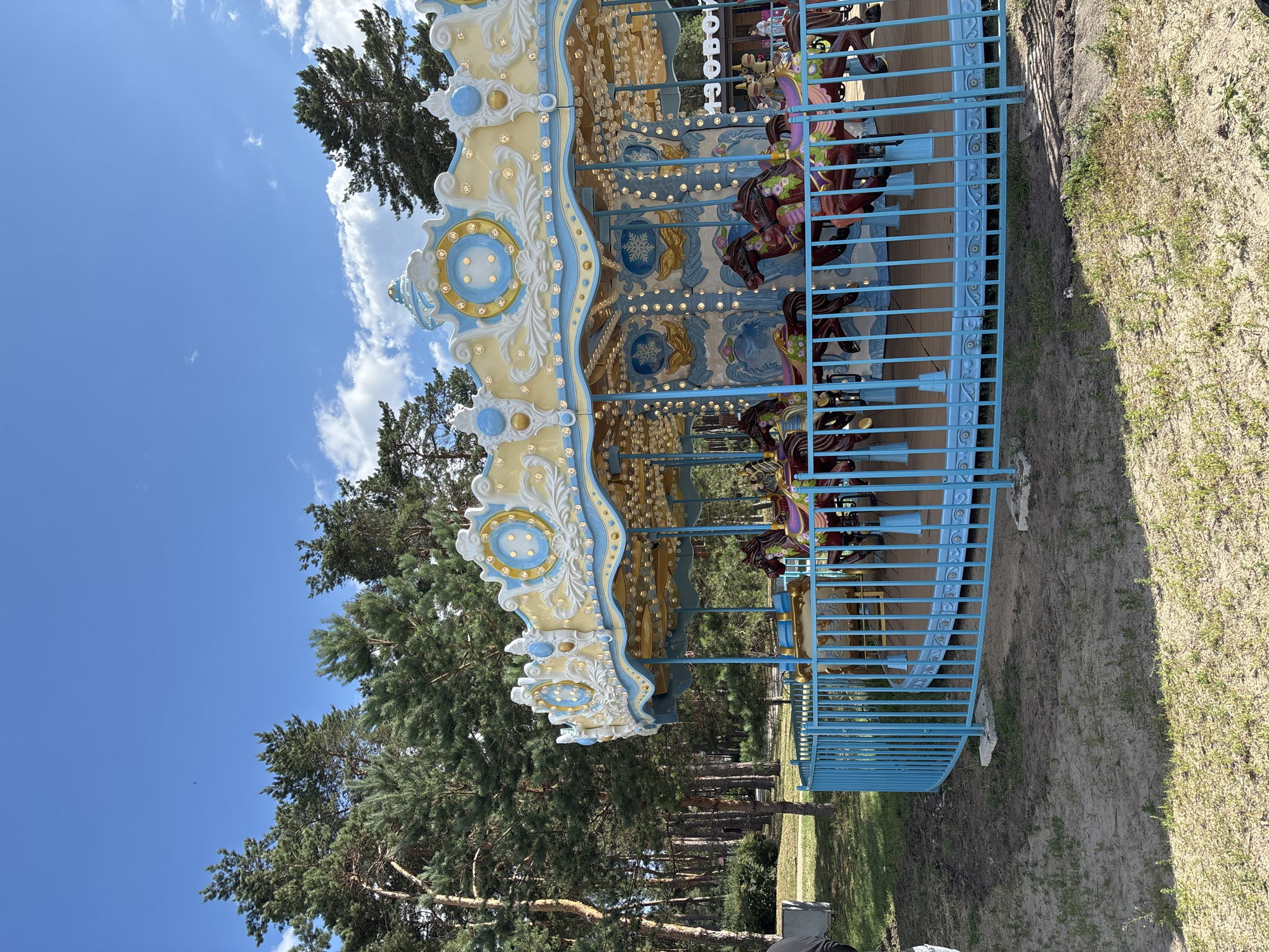 A carousel is situated in a grassy area, enclosed by a light blue fence. The carousel is decorated in yellow and blue, with lights around its perimeter. Several carousel horses are visible, some appearing to be brown with decorative elements. Behind the carousel, a dense forest of pine trees can be seen, with a clear blue sky with scattered white clouds above. The ground in the foreground is a mixture of sand and grass. The carousel appears to be located in an outdoor park or amusement area. There are no people clearly visible on the carousel, but a few figures are present in the background near a building. The overall scene suggests a recreational setting.