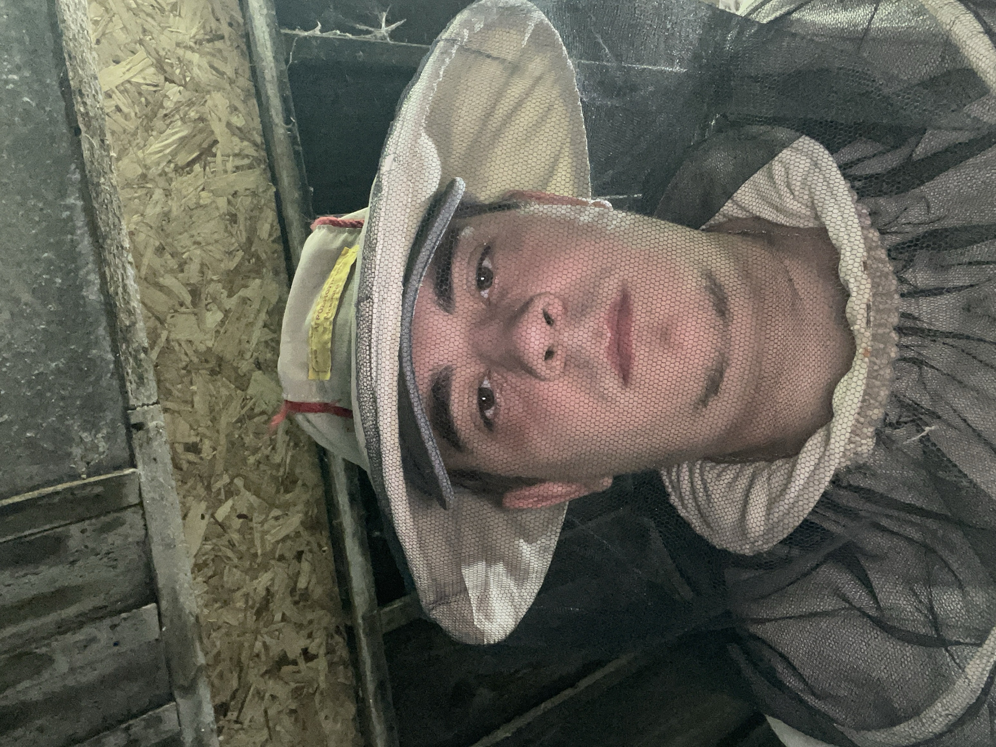 A young person wearing beekeeper's protective gear, including a hat with a veil, is looking at the camera. The person's face is partially obscured by the veil, which has a fine mesh. The background appears to be an indoor space with wooden planks and some industrial-looking materials. The lighting is dim. The image does not provide any information about the location being in Joğarğy Berezovka, Kazakhstan.