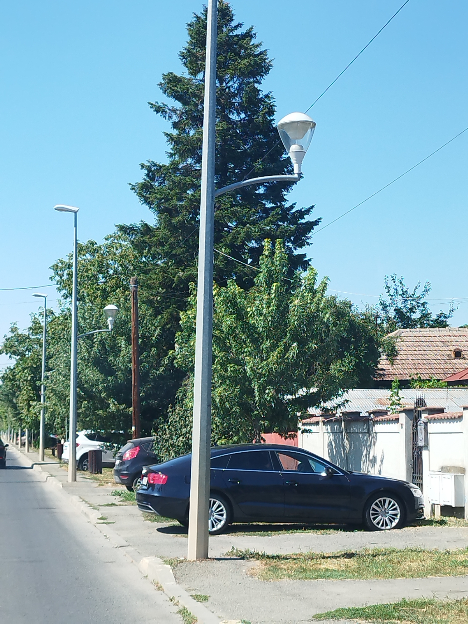 The image depicts a street scene in Buftea, Romania, under a clear blue sky. A dark-colored Audi wagon is parked parallel to a paved road and a sidewalk. In the background, a white fence with tile-capped supports runs along the side of a property. Beyond the fence, a house with a tiled roof and a dormer window is visible. Several streetlights are present, with one prominently featured in the foreground and another further down the street. Lush green trees line the street, and a large evergreen tree is situated to the left of the main streetlight. A few other vehicles are parked along the street, including a dark hatchback and a white SUV. The overall impression is a quiet, residential street on a sunny day.