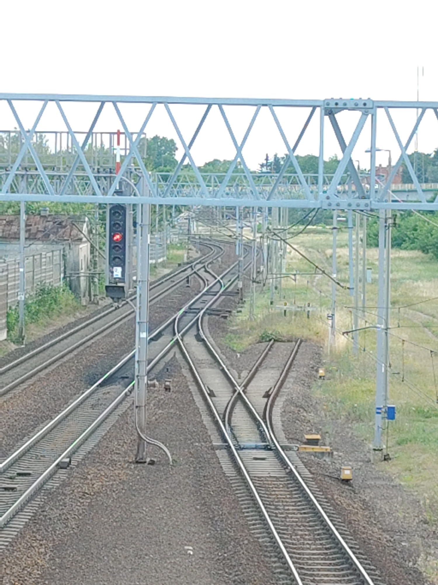 The image depicts a railway junction with multiple tracks converging and diverging. A prominent railway signal with a red light illuminated stands on a pole to the left of the tracks, indicating a stop. The scene is an outdoor environment with lush green vegetation growing alongside the tracks and in the background. A section of a weathered, gray building with a reddish roof is visible on the far left. Overhead, a light blue metal structure, possibly part of an overhead power line support or a bridge, spans across the image. The sky is overcast, suggesting a cloudy day. The overall setting appears to be an operational railway yard or a section of a main line, likely in Nowy Dwór Mazowiecki, Poland, given the location context. There is no visible text in the image. The focus is on the infrastructure of the railway system and the natural surroundings.