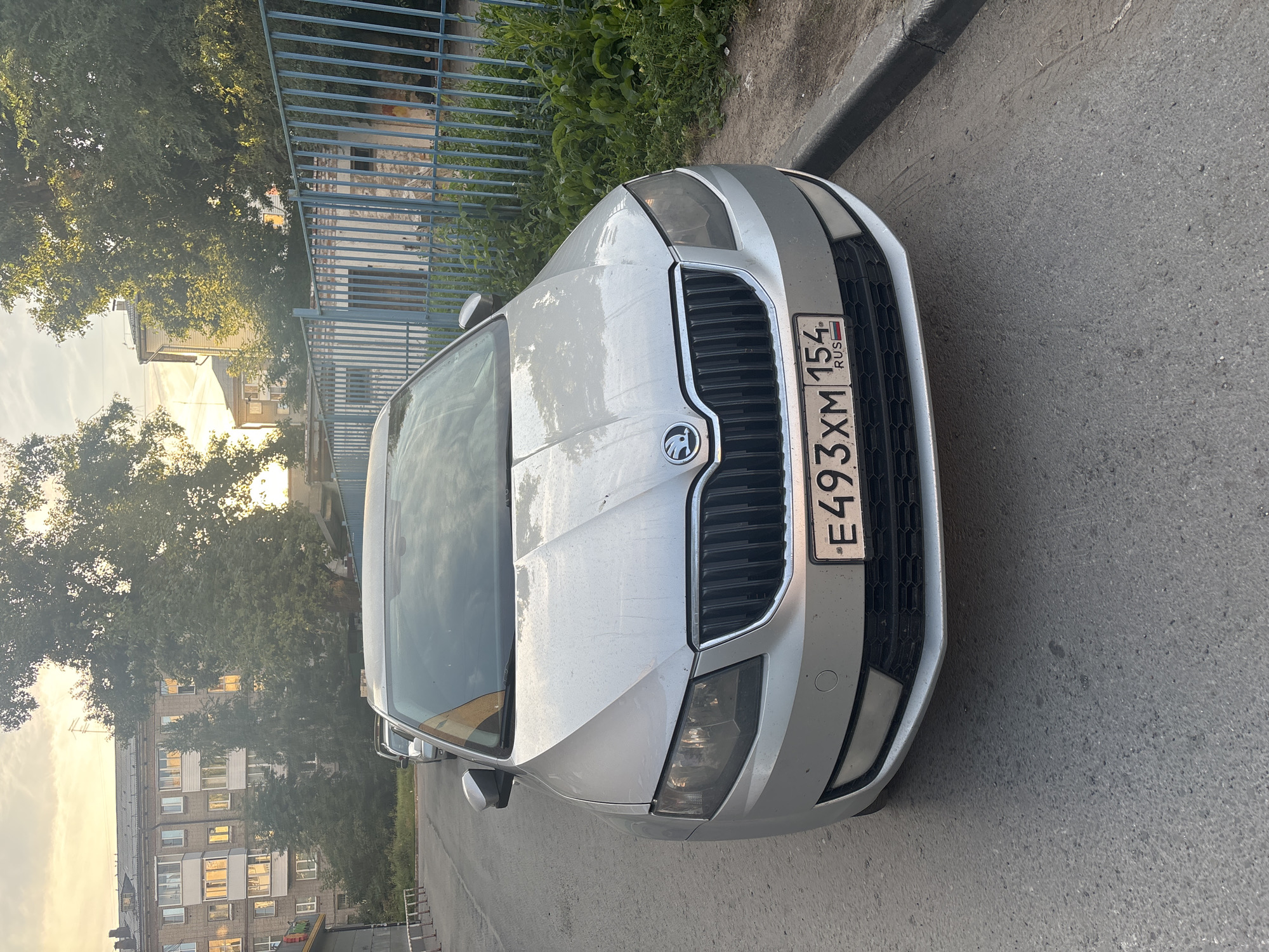 A silver Skoda Octavia sedan is parked on a paved street in front of a blue metal fence. The car's license plate reads "E493XM 154 RUS". In the background, there is a multi-story apartment building and several trees. The sky is overcast, with the sun setting. The scene appears to be a residential area in Novosibirsk, Russia.