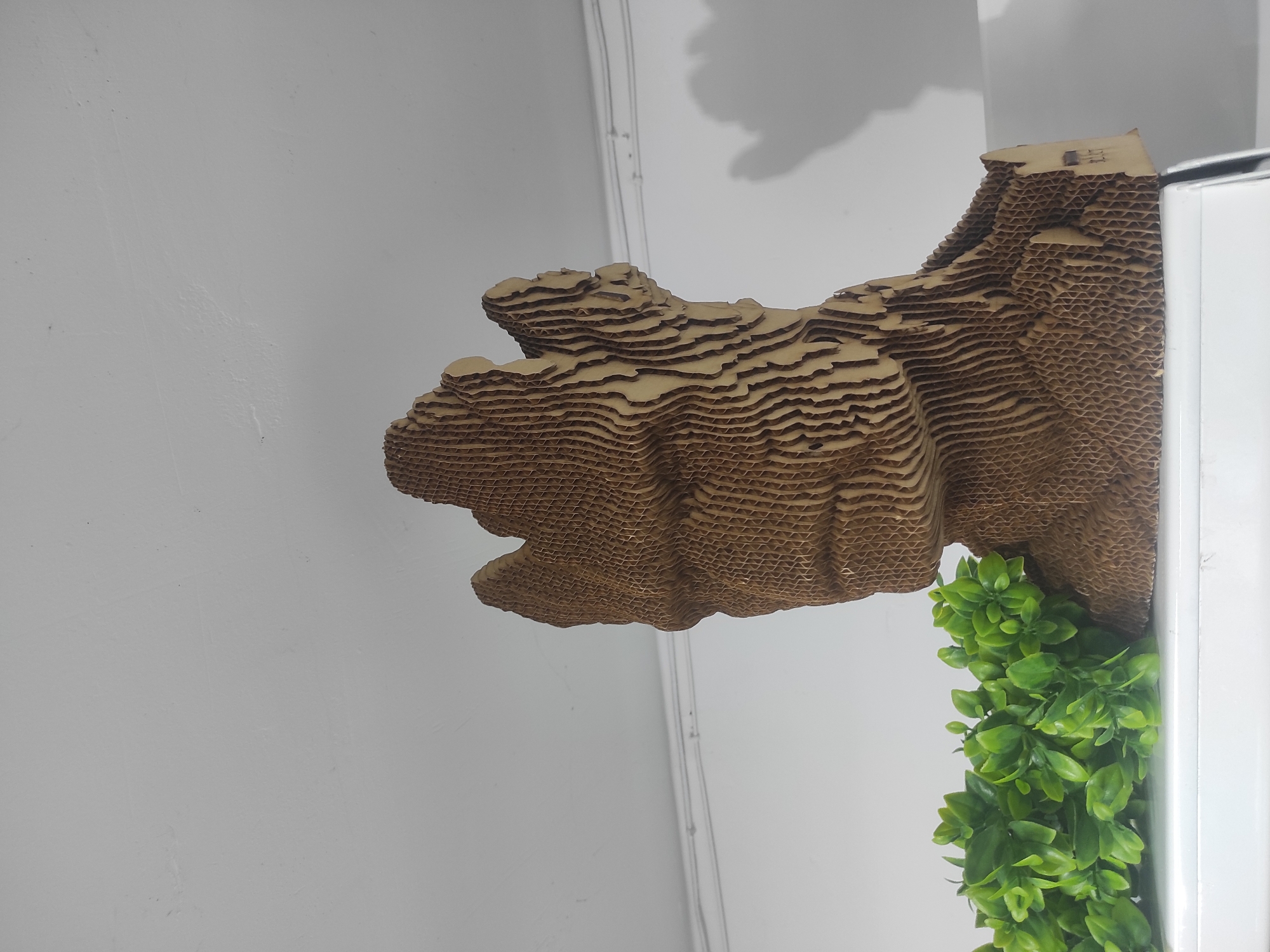 A low-angle, medium shot depicts a decorative cardboard sculpture mounted on a white wall with a trailing green plant. The sculpture, layered in a topographic map style, extends from the upper right corner towards the left, showcasing intricate details of the cardboard's corrugated structure. The plant, densely green, appears below the sculpture, its tendrils partially obscured. The background consists of a plain white wall, providing a neutral backdrop that emphasizes the texture of the sculpture and the vibrant color of the plant. The scene is well-lit, casting soft shadows that suggest an indoor setting. The location is specified as Unknown, Unknown.