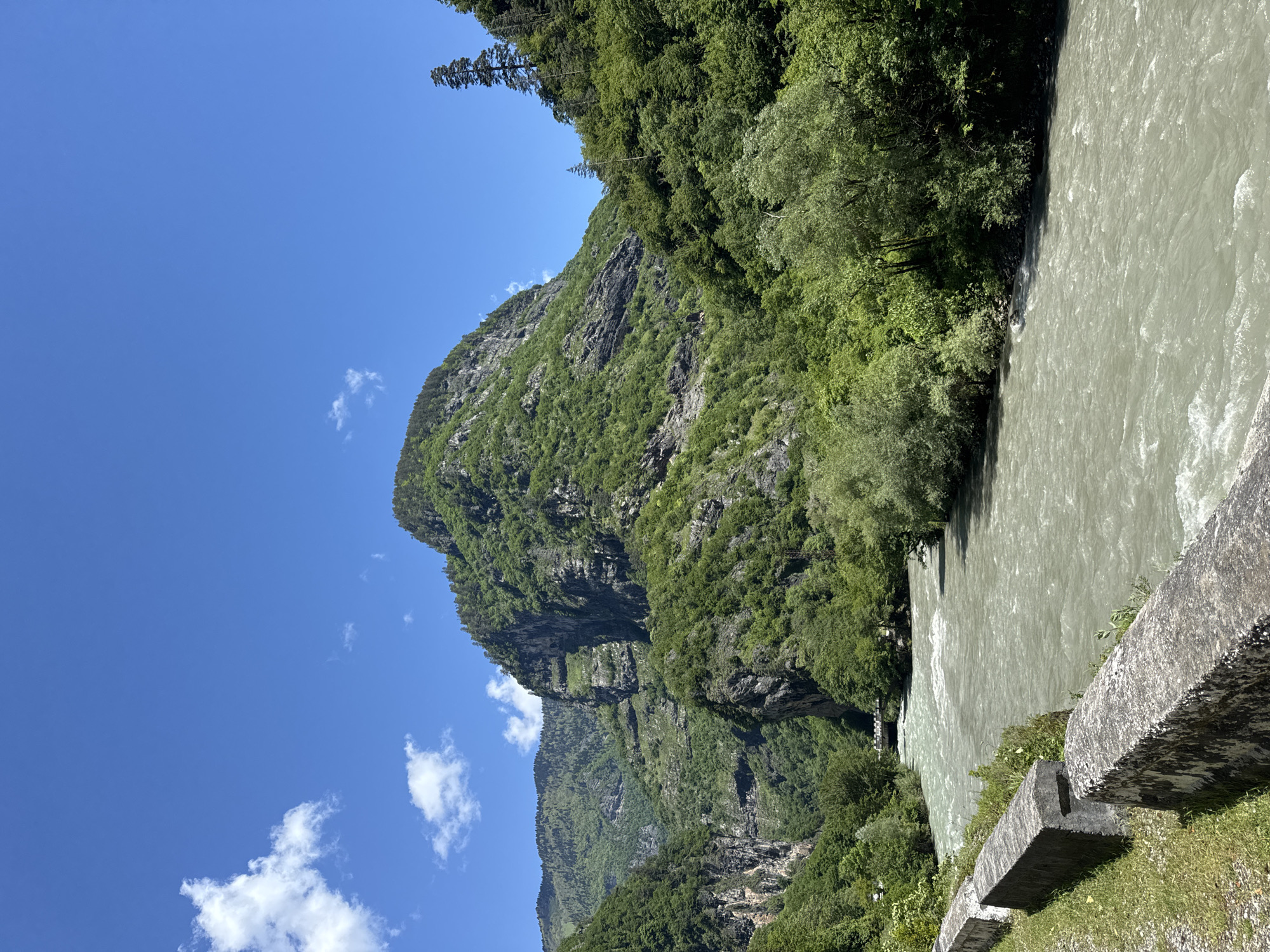 The image displays a rugged natural landscape, captured in what appears to be a rotated portrait orientation. A wide, fast-flowing river occupies the right side of the frame, its murky green-grey waters churning with visible currents and ripples as it flows from the top towards the bottom of the image. Along its immediate bank in the foreground, a rough concrete barrier or wall is visible, suggesting a road or pathway alongside the water.
To the left of the river, a steep, majestic mountain rises dramatically, dominating the central and left portions of the image. It is densely covered in various shades of lush green trees and vegetation, with prominent rocky outcrops and cliff faces visible amidst the foliage. The sky, a clear and vibrant azure blue, fills the upper left area of the frame, featuring a few scattered, wispy white clouds.
The scene is illuminated by bright sunlight, indicative of midday or early afternoon conditions, with clear weather. No people or discernible human activities are visible, emphasizing the untamed beauty of the environment. The overall impression is one of natural grandeur and tranquility. This scene is located in an unknown part of Abkhazia. No visible text is present.