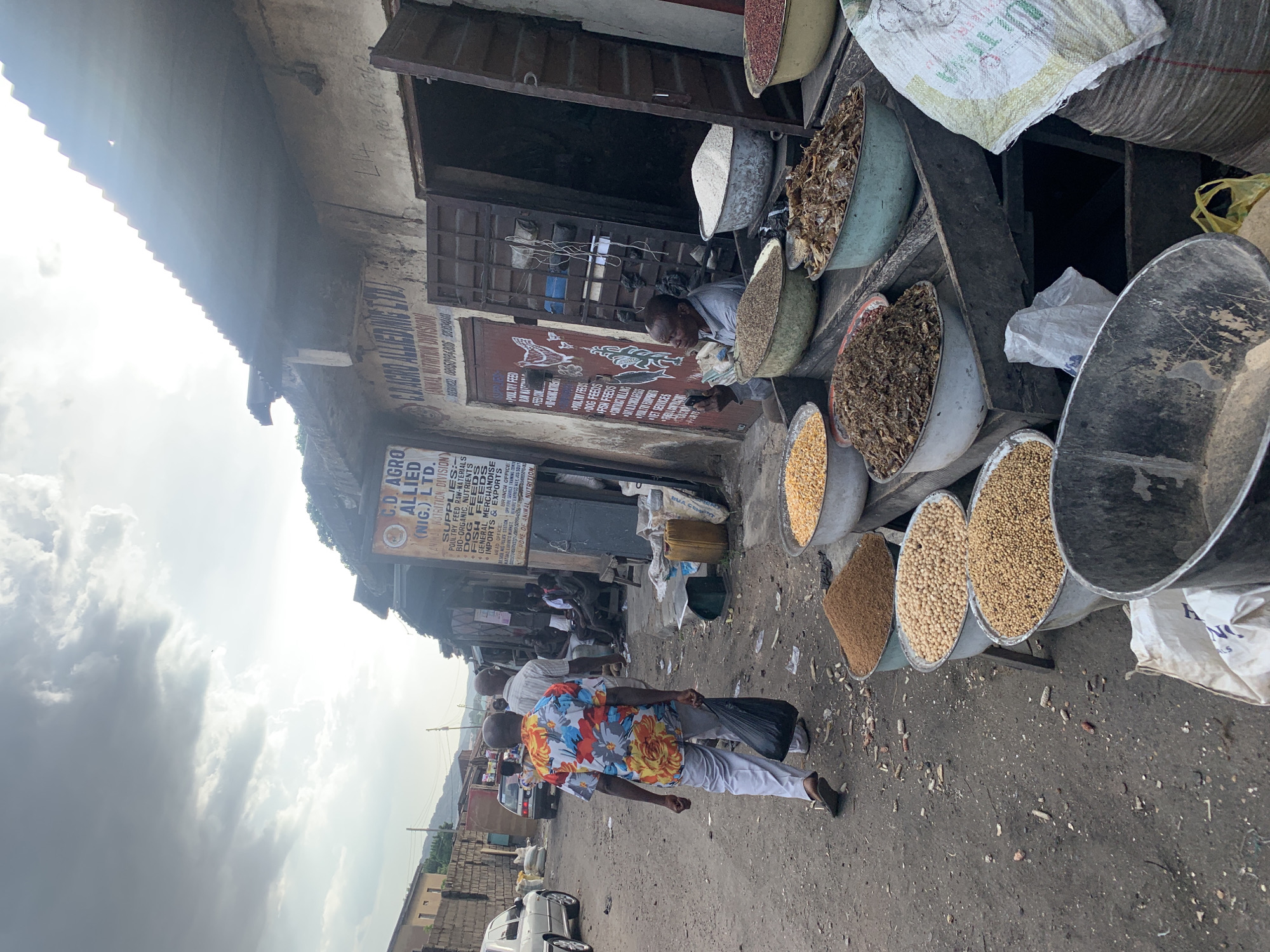 The image depicts an outdoor market scene in Jos, Nigeria, with "C.D. AGRO ALLIED (NIG.) LTD." storefront signage visible. A man in a vibrant floral shirt walks in the foreground. Several large basins or containers filled with various grains and feed ingredients are lined up along the storefront. An individual sits inside the shop, seemingly working or attending to business. The surrounding environment includes a street with parked vehicles, other people in the background, and a cloudy sky. Signage suggests this business provides animal nutrition supplies and services such as poultry and fish feeds.