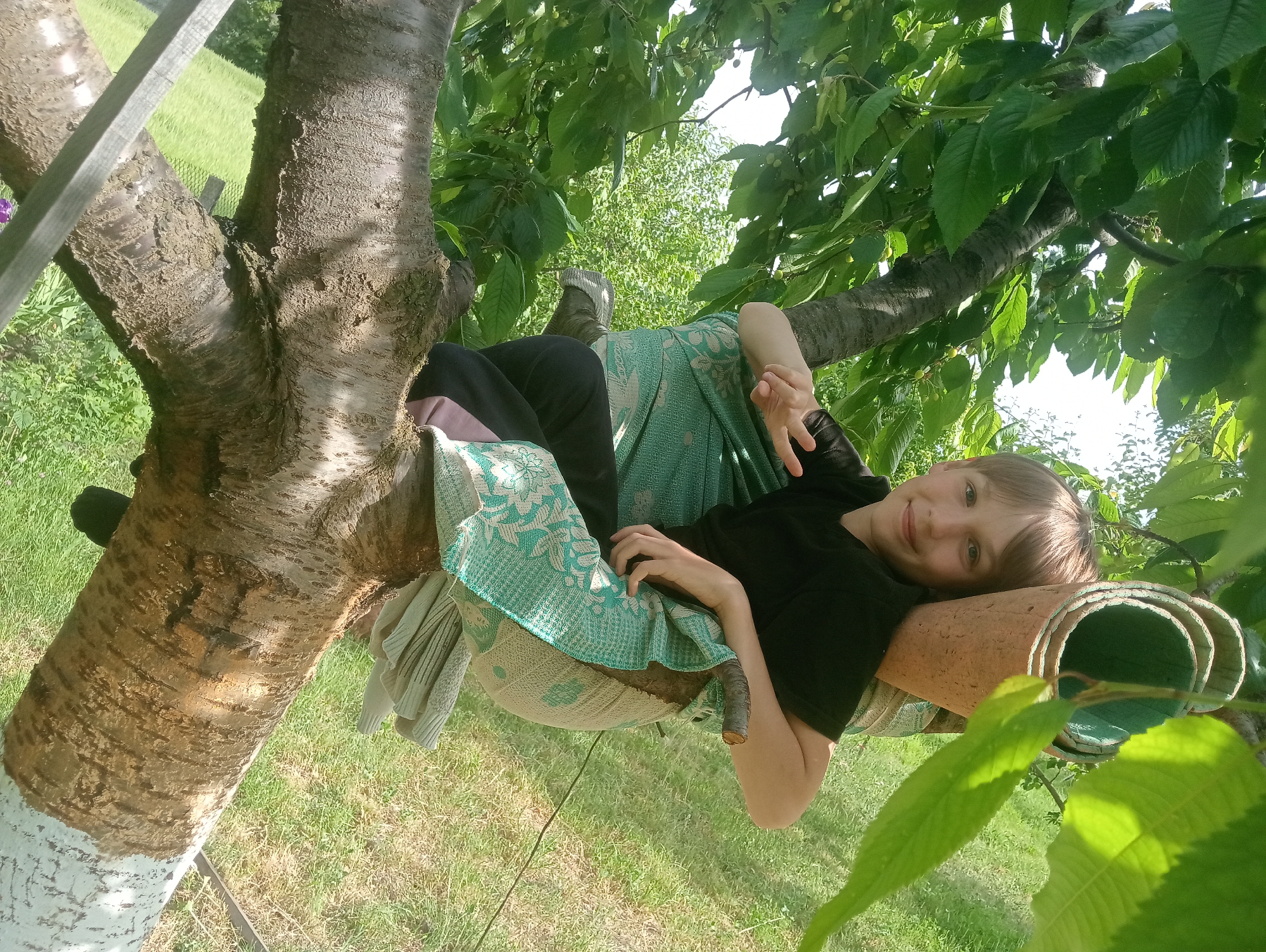 A child lies in the fork of a tree, supported by cushions and a rolled-up yoga mat. The tree is situated in a grassy area, with other trees and foliage visible in the background. A ladder is partially visible to the left of the tree. The child is wearing a black shirt and black pants, and has a green patterned blanket draped over them. They are looking at the camera and smiling. There is no contextual information to indicate this image was taken in Babyn, Ukraine.