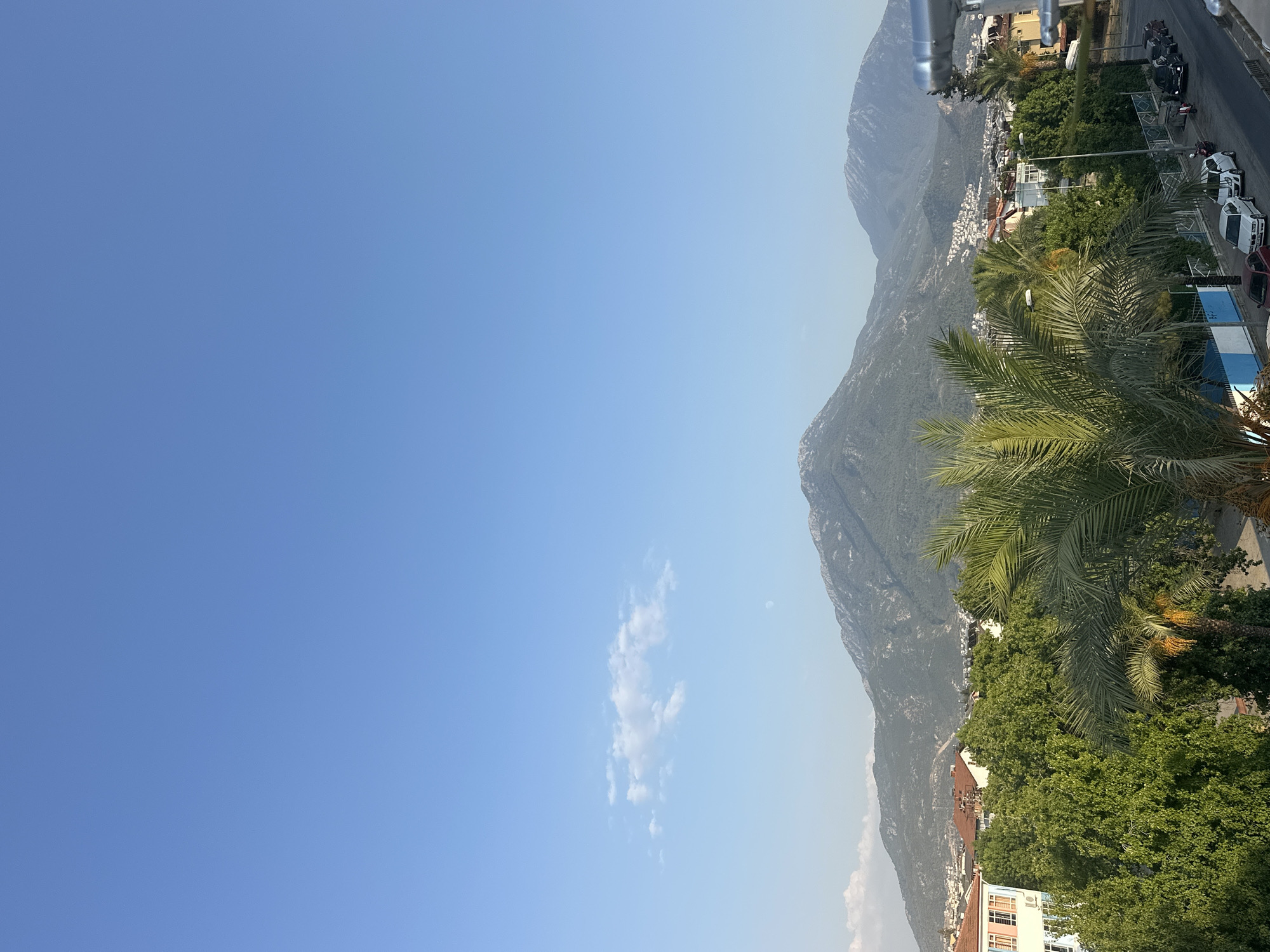 The image depicts a view of Fethiye, Turkey, from an elevated position, likely a balcony or window. In the foreground, lush green trees, including palm trees, dominate the lower half of the frame. Beyond the trees, residential buildings with red-tiled roofs are visible, interspersed with more greenery. Further in the distance, a prominent mountain range forms the backdrop. The sky is a clear, bright blue with a few wispy clouds and what appears to be a faint moon. A street lined with parked cars is visible on the right side of the image. The overall scene suggests a sunny day in a coastal or mountainous region.