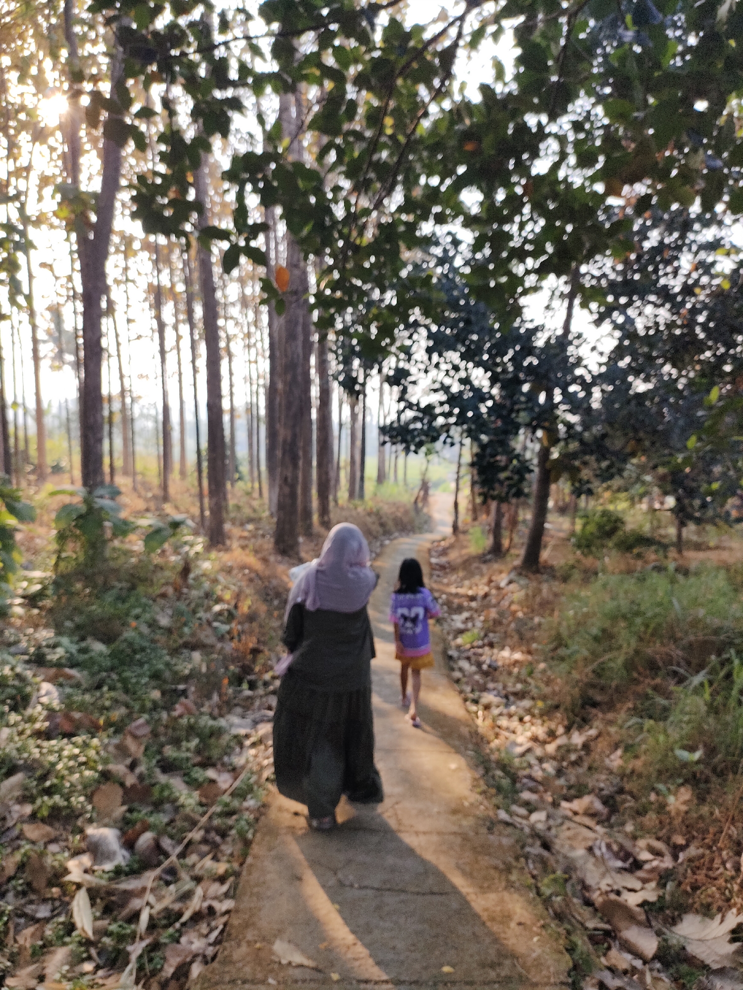 Two individuals, an adult and a child, walk along a concrete path in a wooded area. The adult, wearing a dark dress and a light purple headscarf, is in the foreground on the left. The child, in a purple shirt and yellow skirt, is ahead of the adult on the path. Tall trees with thin trunks line the path, and the ground is covered in dry leaves and vegetation. Sunlight filters through the leaves, casting shadows on the path. The scene appears to be an outdoor recreational area.