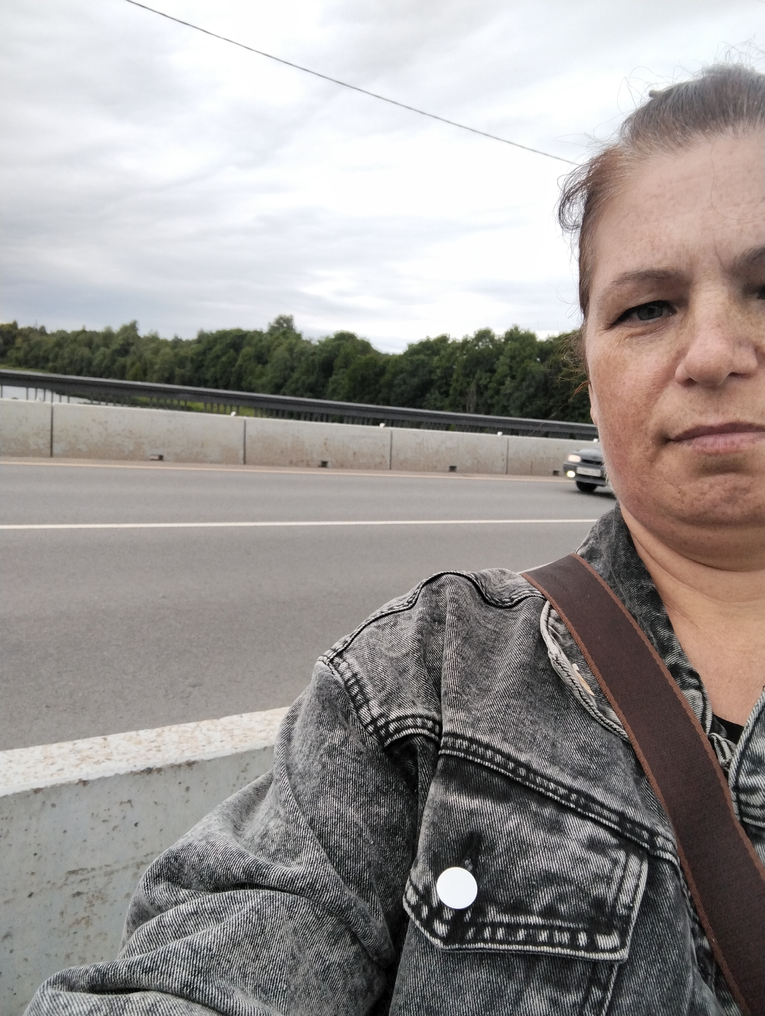 This is a selfie taken outdoors on a cloudy day. The subject is a middle-aged woman with light-colored skin and freckles, and her hair is pulled up. She is wearing a grey denim jacket over a dark top. A brown strap from a bag or accessory crosses her chest.
The setting appears to be a highway or bridge. In the background, there is a concrete barrier, a road with a white line, and a line of trees. A car is visible driving on the road in the distance. The sky is overcast with grey clouds, suggesting it is daytime but not necessarily sunny. The location is identified as Kingisepp, Russia. No specific activity or event is clearly depicted, other than the woman taking a selfie. There is no visible text in the image.