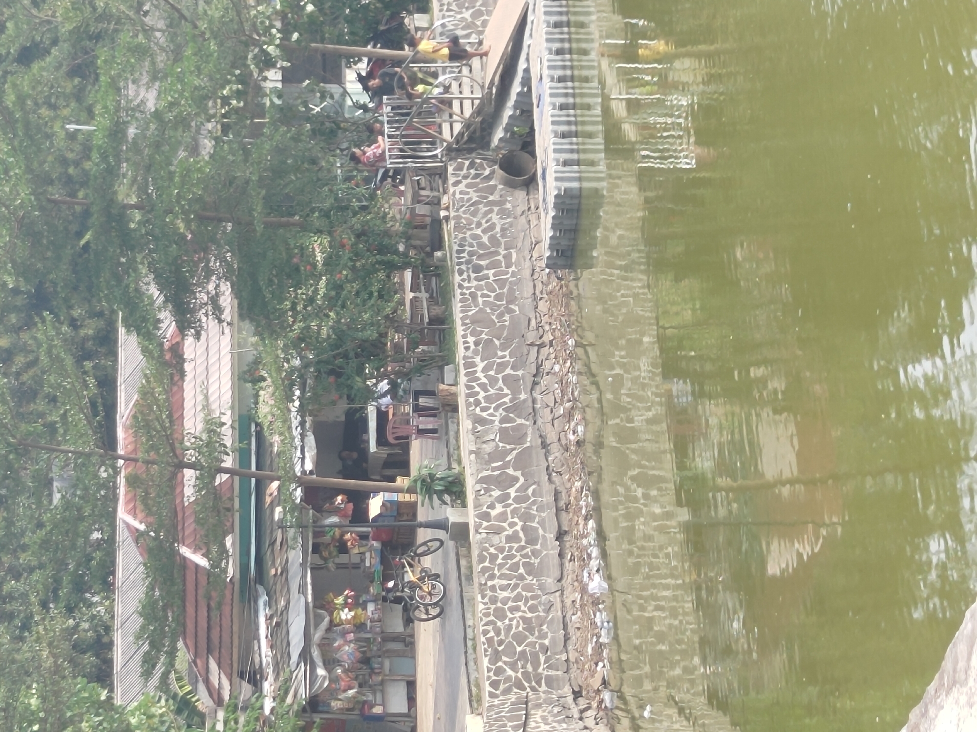 The image captures a scene near a body of water in Depok, Indonesia, with a focus on a waterfront area and structures behind it. In the foreground, the water is murky green and reflects the surroundings, with some floating debris visible near the edge. A stone wall with a mosaic-like pattern of light and dark stones forms the embankment. To the right, a ramp leads down to the water, with several modular plastic floating platforms in the water.
Behind the wall, a paved area is visible. On this paved area, there is a small market stall with various items displayed. Two bicycles are parked near the stall, one yellow and one darker colored. Further back, there are tables and chairs, suggesting a seating area. People are present in this area; a woman in a pink and white striped shirt is standing, and other individuals are partially visible. Beyond the paved area, there are trees and buildings with tiled roofs, indicating a developed urban or semi-urban environment. The overall impression is of a public space, possibly a park or recreational area, adjacent to the water in Depok.