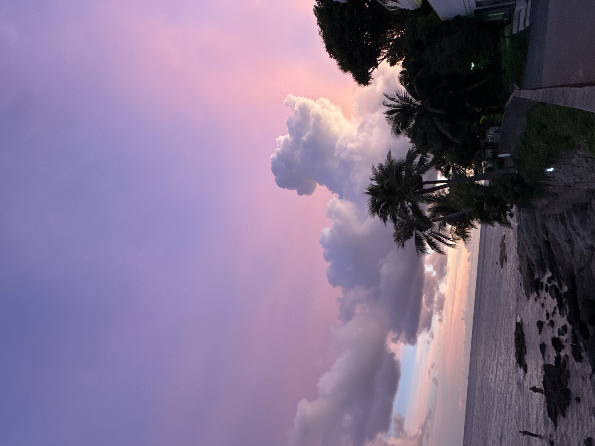 This is a vertical, eye-level, wide-angle, medium shot of a tropical sunset over the ocean. The sky is a gradient of purple and pink hues, with fluffy white and grey clouds scattered throughout. Palm trees are silhouetted against the sky on the right side of the frame. The ocean is calm and reflects the colors of the sunset. Dark rocks are visible in the foreground, jutting out into the water. There are two indistinct figures standing on the rocks near the water. The scene appears peaceful and serene. The time of day is sunset, and the weather is clear. The location is Rawai, Thailand. There is no visible text in the image.