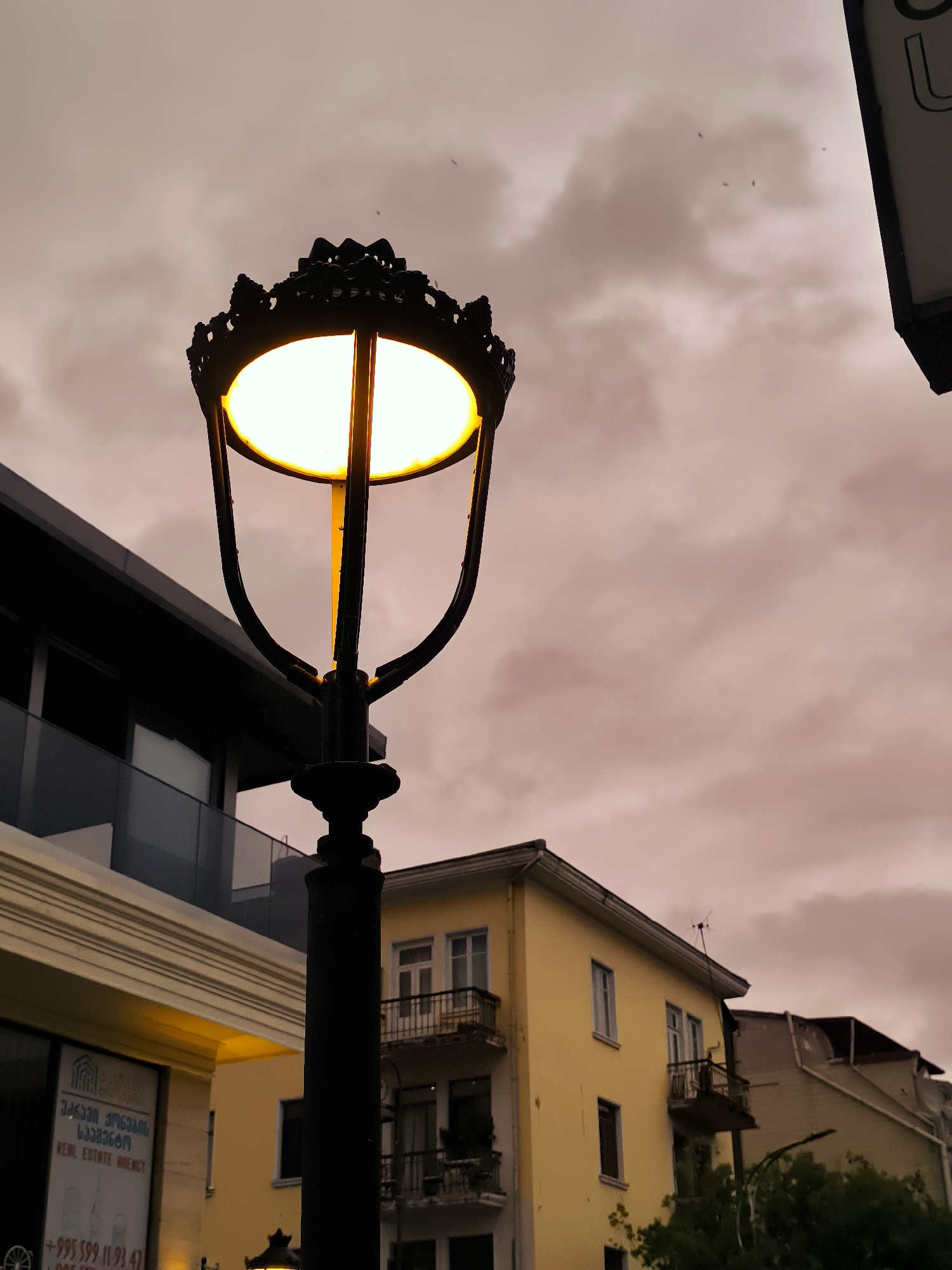 The image captures a street scene in Batumi, Georgia, under a dusky, overcast sky. A prominent black wrought-iron lamppost with an illuminated yellow light dominates the foreground, positioned slightly to the left of the frame. Behind the lamppost, a modern building with dark cladding and glass balconies is visible on the left, contrasting with a traditional yellow building with white-trimmed windows and balconies on the right. The sky is filled with heavy, pinkish-grey clouds, and a few small birds are visible as dark specks. The lighting suggests it is either dawn or dusk. A sign with Georgian text and "REAL ESTATE AGENCY" is partially visible on the lower left side of the image, indicating a commercial area.
