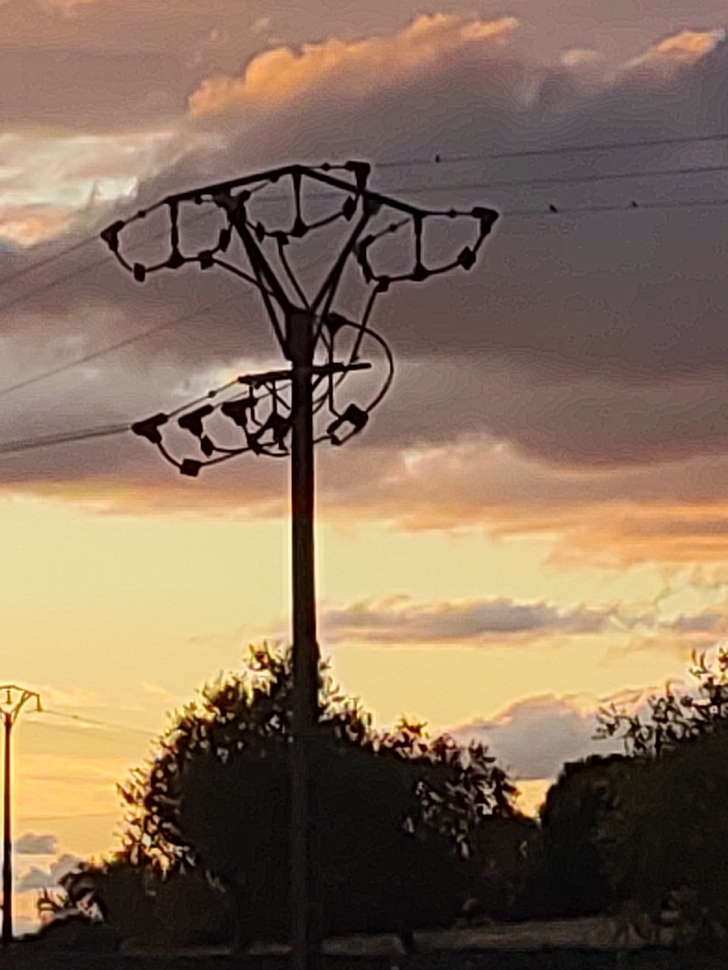 This is a medium-shot, eye-level photograph taken in Sobradillo, Spain, at sunset. The sky is filled with dramatic clouds, some tinged with orange and pink, others a deep purple. In the foreground, silhouetted against the sunset, is a large, industrial-looking power pylon. It's a complex structure with multiple arms holding thick wires. To the left of the frame, further in the distance, another, smaller pylon is visible. Dark silhouettes of trees and shrubs occupy the lower portion of the image, creating a stark contrast with the vibrant sky. There are no people or animals clearly visible, though a few small dark specks that could be birds are perched on the wires of the main pylon. The overall mood is somewhat desolate yet dramatic, highlighting the man-made infrastructure against the natural beauty of the fading light.