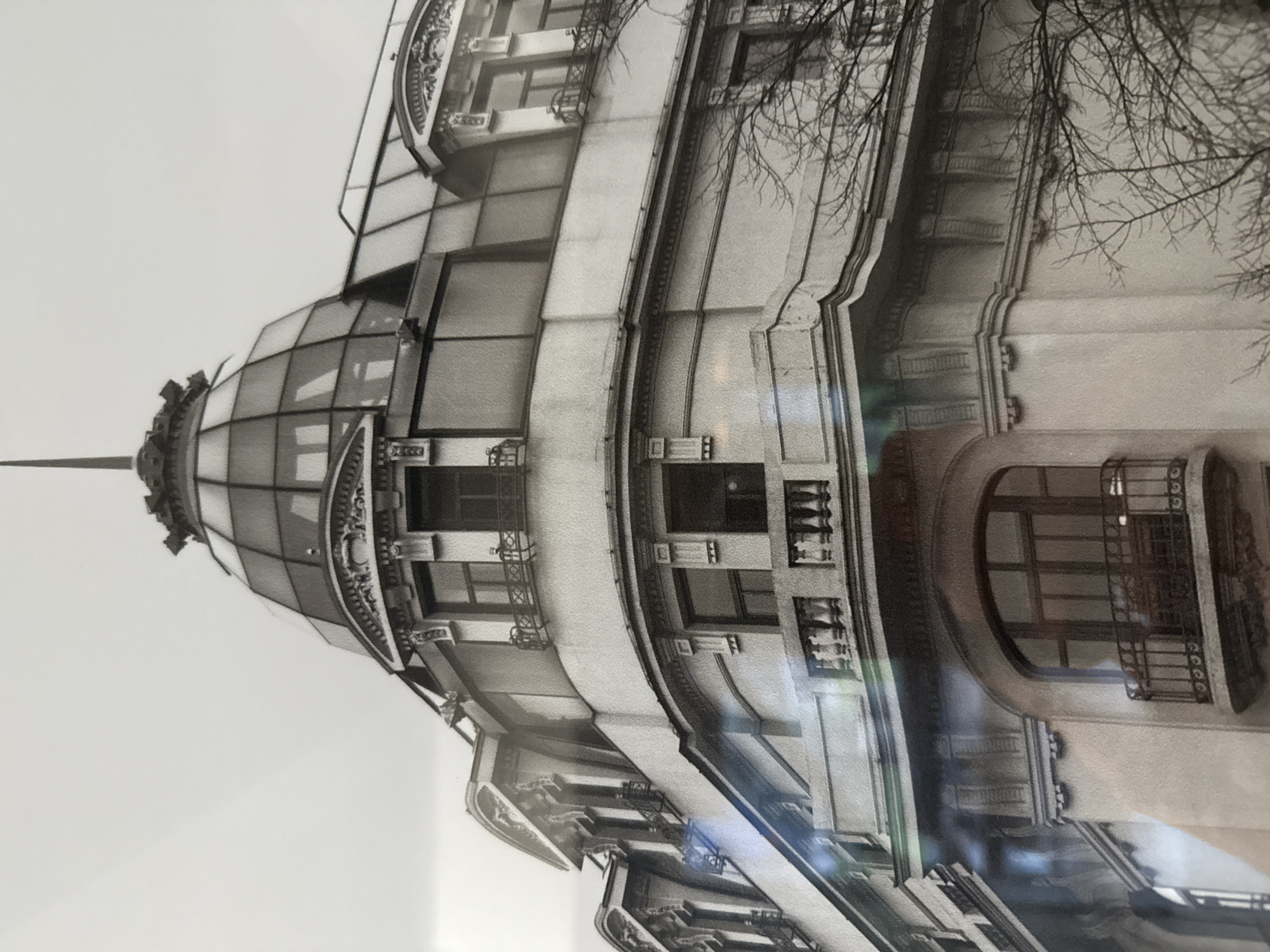 A close-up, black and white, eye-level shot captures the upper section of a historical building in Yerevan, Armenia. The architecture features a curved facade and a prominent glass dome topped with a spire. The dome is segmented by dark framing and is set against an overcast sky. Below the dome, the building has multiple stories with ornate architectural details, including decorative moldings, balconies with wrought-iron railings, and arched windows with dark frames. Bare tree branches are visible on the right side of the frame, suggesting a colder season. The image exhibits light flares and lens distortion, particularly in the lower left quadrant. No people are visible in the frame.