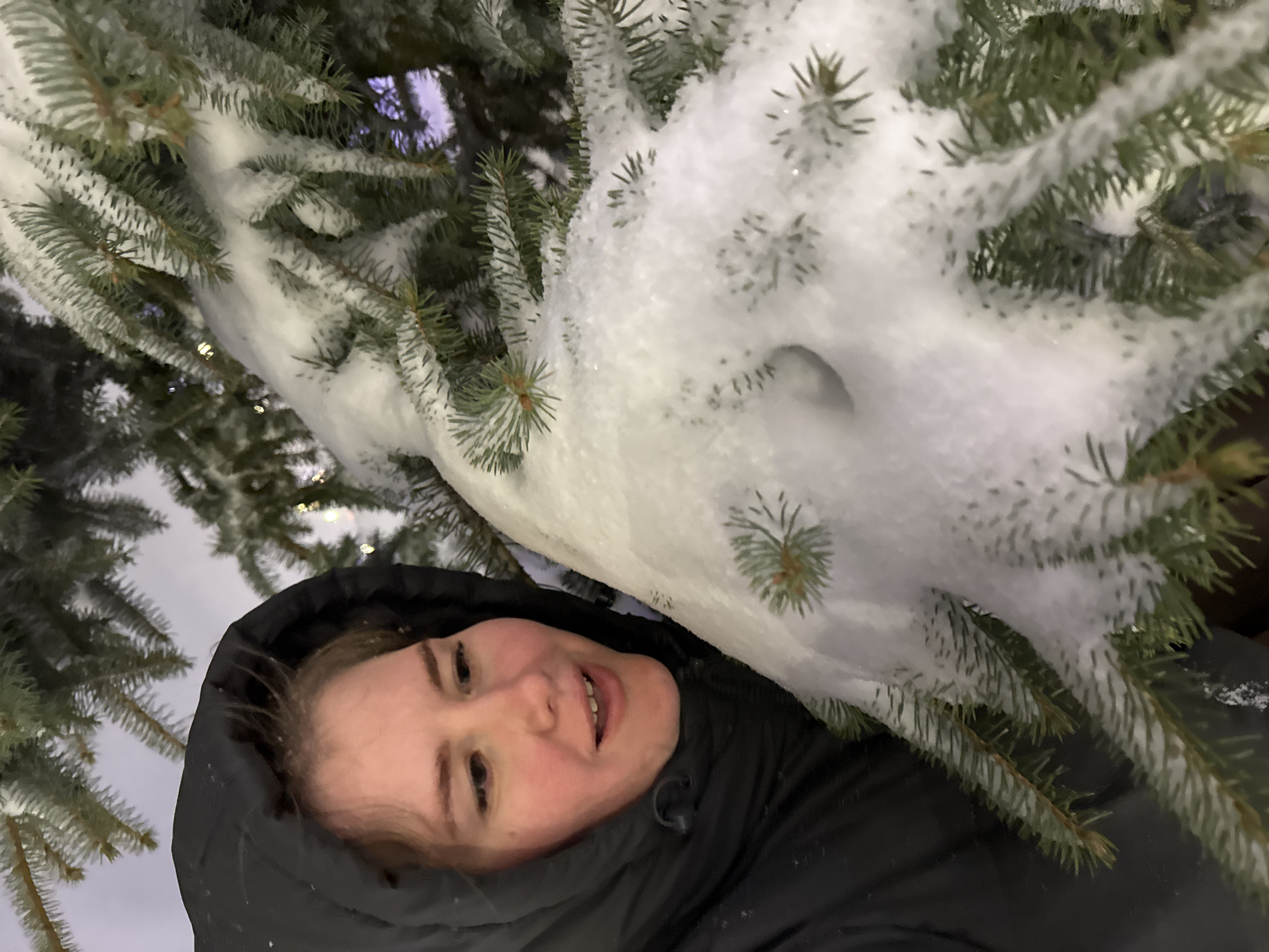 A woman wearing a black hooded jacket is pictured from a low angle, positioned under a snow-covered coniferous tree. The branches of the tree, laden with snow, surround her head and torso. The woman is smiling slightly, and her face is visible beneath the hood. The location is possibly Perm, Russia, although this cannot be definitively determined from the visual content. The scene suggests a winter setting, given the presence of snow on the tree.