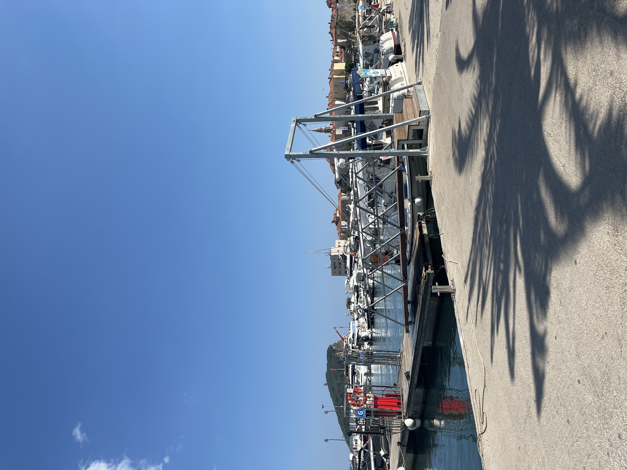 This is a photograph of the Budva Marina in Montenegro on a clear day. In the foreground, there is a concrete walkway with palm tree shadows cast across it. A wooden and metal pier extends into the water on the left, equipped with a red fuel pump. Several boats are docked in the marina, including speedboats and yachts. In the background, the cityscape of Budva is visible with its characteristic red-tiled roofs and a prominent church tower. A green, tree-covered island is situated in the bay to the left of the frame. The sky is a clear blue with a few wispy clouds.