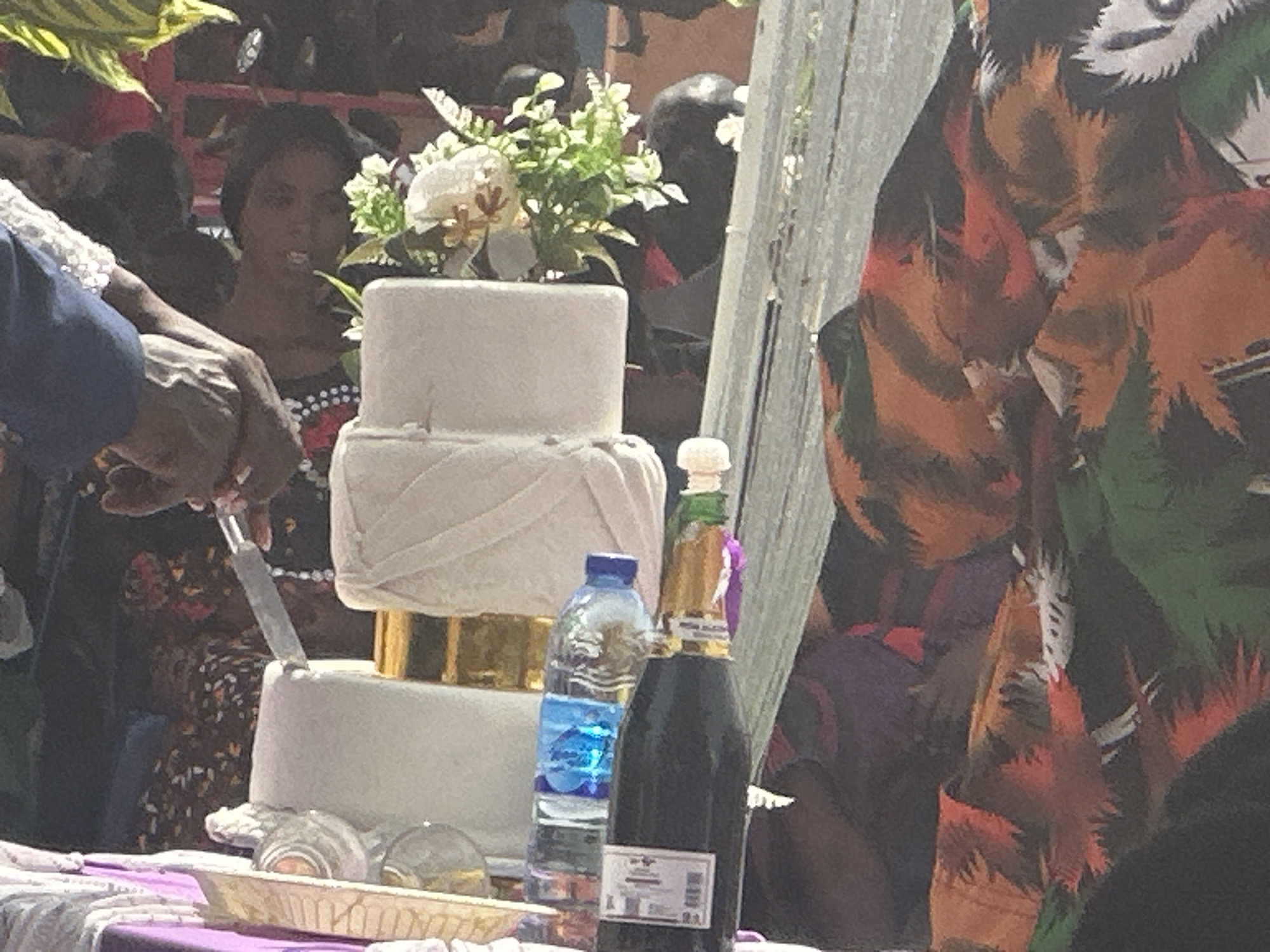 The scene captures a three-tiered wedding cake being cut, situated on a table covered with a purple cloth. A bottle of water and a champagne bottle are placed next to the cake. A person, partially visible, is holding a knife to cut the cake. Behind the cake and the table, multiple people are present. A woman with a dark complexion is partially visible behind the cake, and other figures are indistinctly placed in the background. A person wearing a garment with a green, orange, and red pattern is partially visible on the right side of the image. The location is in the city of Unknown, Unknown.