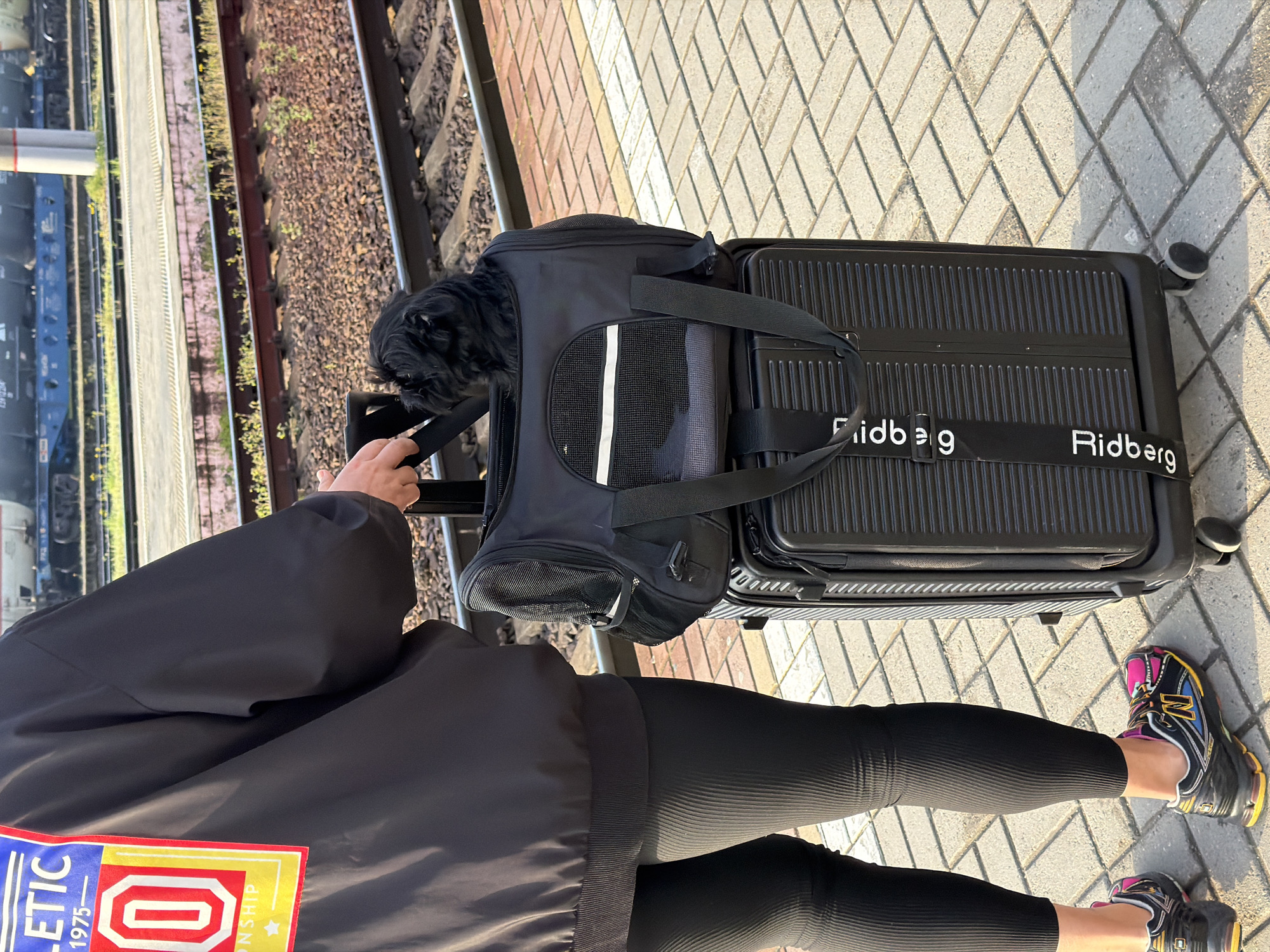 A person stands on a brick-paved surface next to a train track. The person is wearing black leggings, black athletic shoes with colorful accents, and a black jacket with a colorful patch on the sleeve. They are pulling a black rolling suitcase with a black pet carrier strapped on top. A small black dog is visible inside the pet carrier. The side of a train is visible in the background. The location is an outdoor train platform in the city of Krasnodar, Russia.