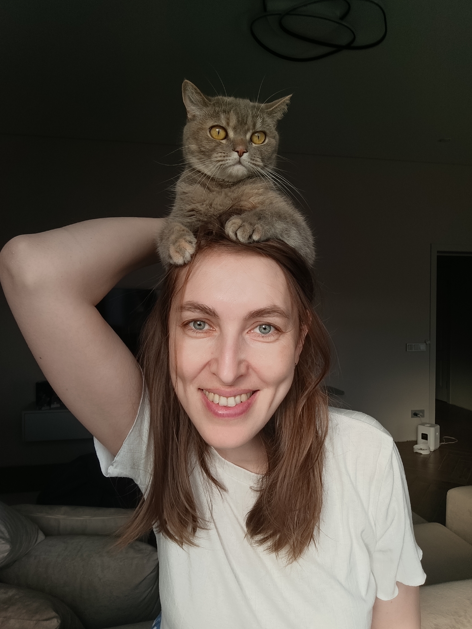 A photograph shows a smiling Caucasian woman with light brown hair and blue eyes, wearing a white t-shirt. Perched on her head is a grey cat with yellow eyes. The background appears to be an interior, possibly a home in Chaikovsky, Russia, with dark walls and a glimpse of furniture and electrical fixtures. A black wire is visible on the upper part of the background.