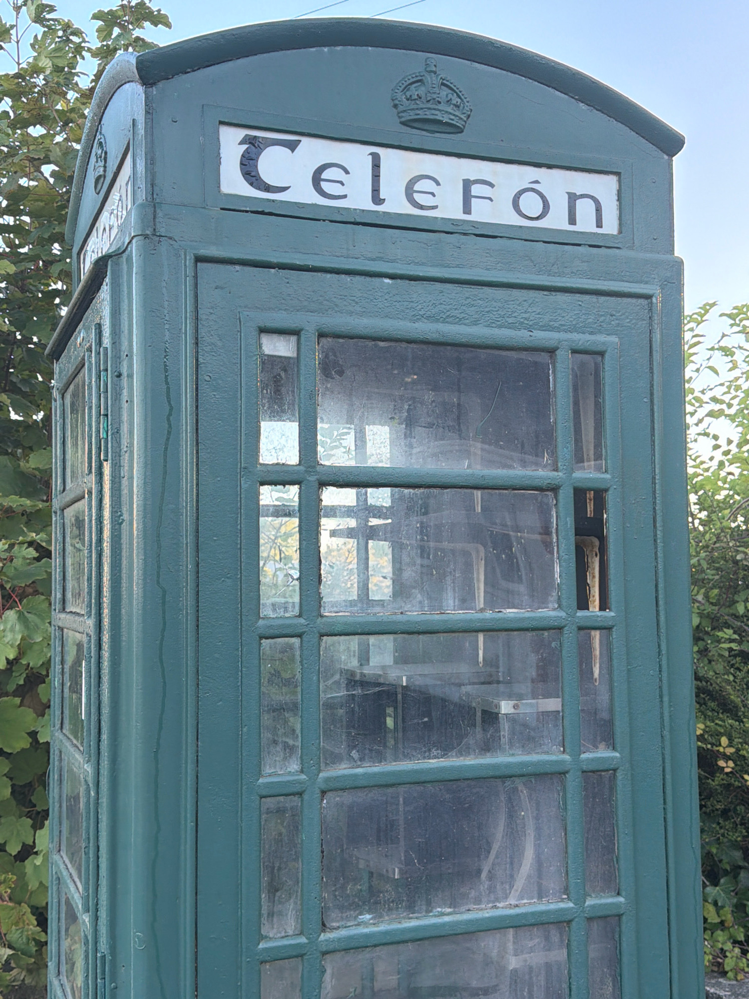 The image shows a close-up of a traditional dark green telephone booth, likely a K6 model, located outdoors in Castlebridge, Ireland. The booth is made of painted metal and glass. The word "CELEFON" is emblazoned in white lettering with black Gothic-style font across the top of the booth, above a small royal crown emblem. The glass panes of the booth are visible, some of them appearing dusty or smudged. Through the glass, parts of the interior, including what appears to be a shelf and possibly part of a telephone, are discernible. The booth is situated against a backdrop of lush green foliage, with trees and bushes surrounding it. The sky is visible in the upper portion of the image, appearing clear and pale blue. The overall impression is one of a historic piece of street furniture in a semi-natural setting.