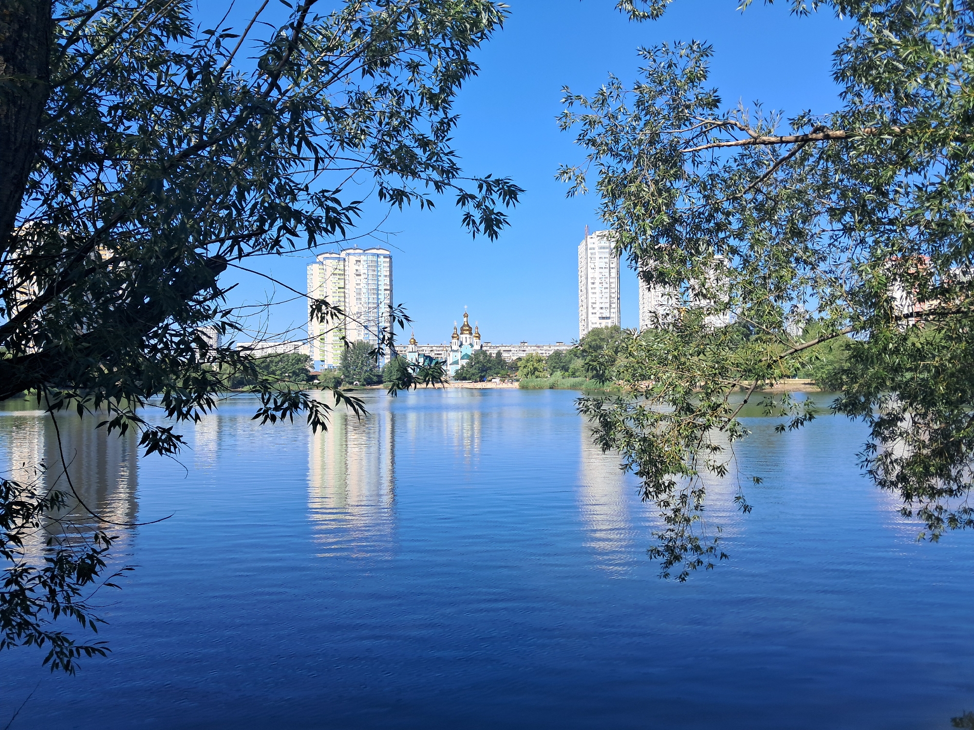 The image shows a scenic view of a body of water, likely a lake or river, with reflections of buildings and trees on its surface. In the background, several tall, modern apartment buildings with light-colored facades are visible, along with a domed church structure. Lush green trees frame the scene from the foreground and sides, their branches and leaves casting shadows. The sky is a clear, bright blue, suggesting a sunny day. The water is calm with gentle ripples, reflecting the blue sky and the surrounding structures. The environment appears to be a park or recreational area within a city. This scene is characteristic of the areas around the Dnieper River or its connected lakes within Kyiv, Ukraine, likely a residential district with recreational spaces. There are no visible people or specific actions taking place.