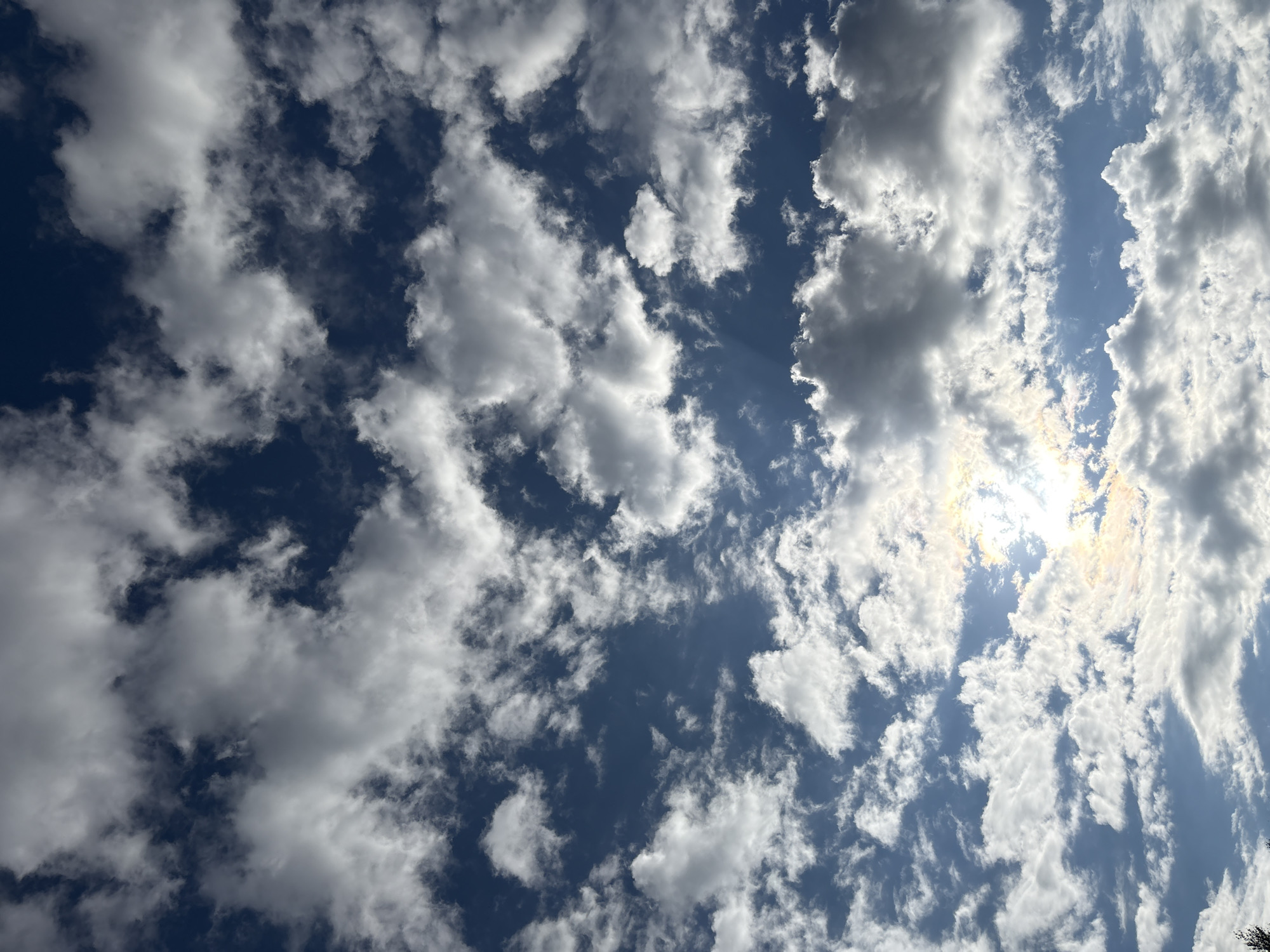 The image is a close-up, overhead shot of a cloudy sky with a bright sun peeking through. The clouds are varied in texture, from wispy and thin to dense and billowy. The sky is a deep blue. There are no people, subjects, or objects visible in the frame other than the clouds and the sun. The location is identified as Сульмаш, Russia.